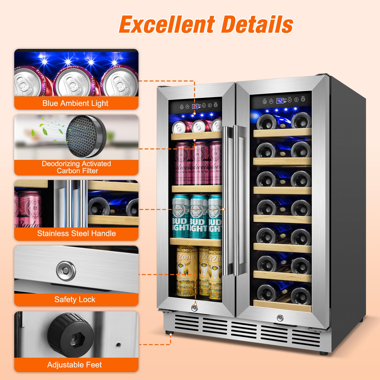Turephe Wine And Beverage Refrigerator, 24inch Beverage Cooler Dual Zone With Glass Door, Built-In/Freestanding Beverage Fridge With Upgraded 20 Bottles And 60 Cans Large Capacity on Fridge.com - View 4