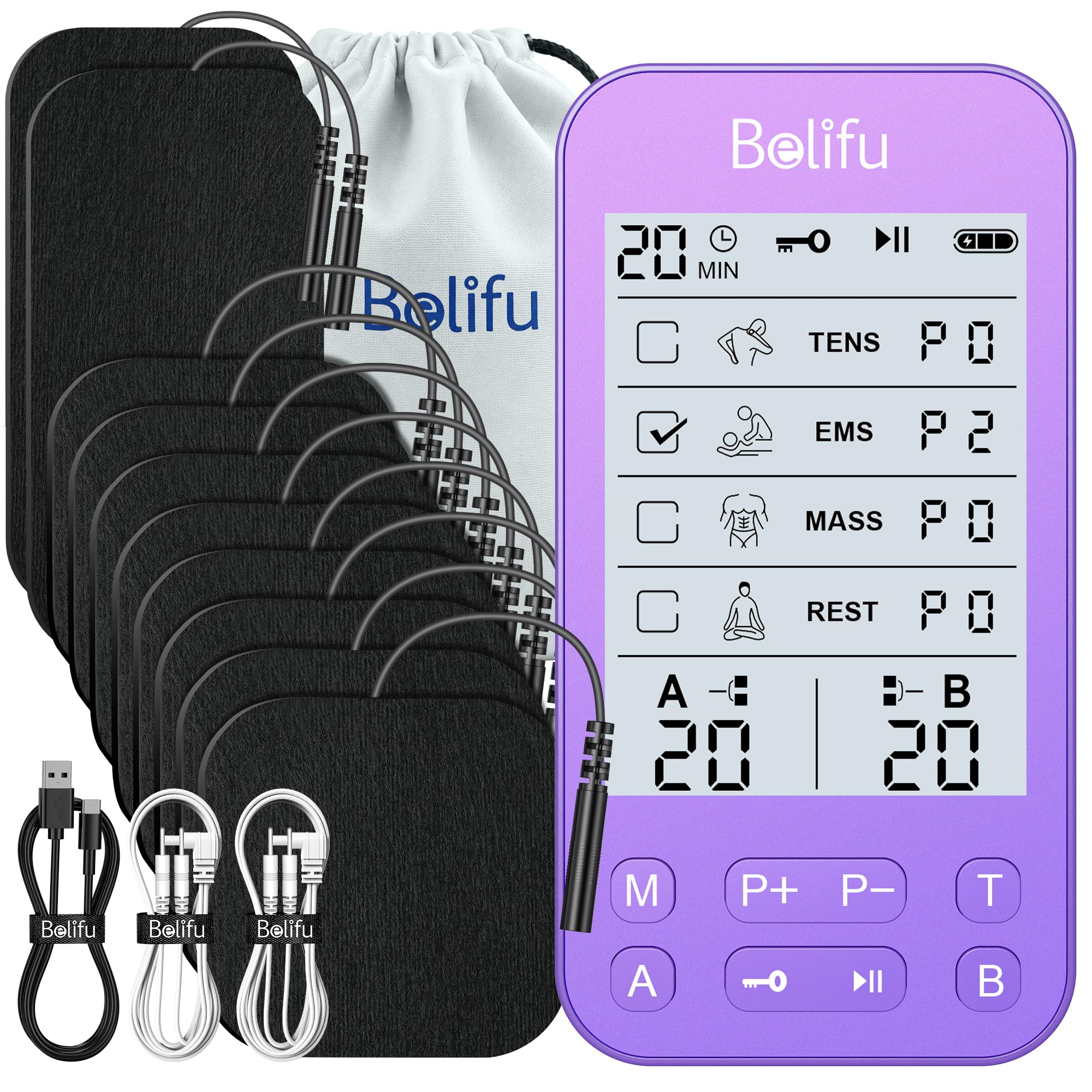 Belifu TENS Muscle Stimulator Unit for Pain Relief, Electronic Pulse Therapy Machine with 36 Mode 20 Intensities, Rechargeable & Portable – Neck, Back, Shoulder, Joint Pain Relief, Color Purple