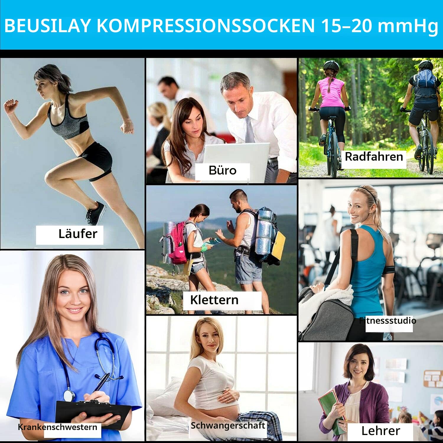 8 Paar Kompressionsstrümpfe Damen und Herren,Kompressionssocken Stützstrümpfe (15-20 mmHg) für Laufen,Reisen,Sport,Flug,schwangerschaft,Mutterschaft,Radsport,Krankenschwestern