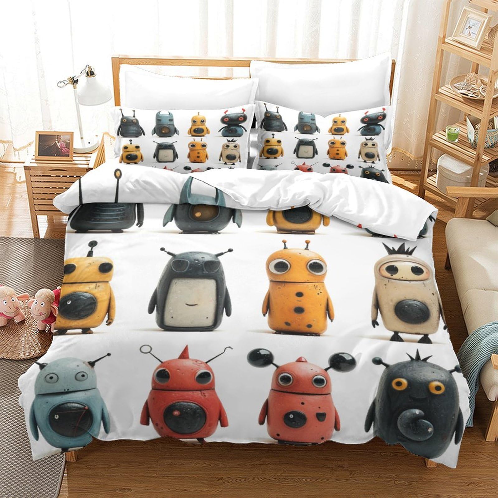 P1S9U7W5Y 3D Printed Cute Robots Duvet Cover Set 3pcs Microfiber Cartoon Robot Bedding Set King（220x240cm）