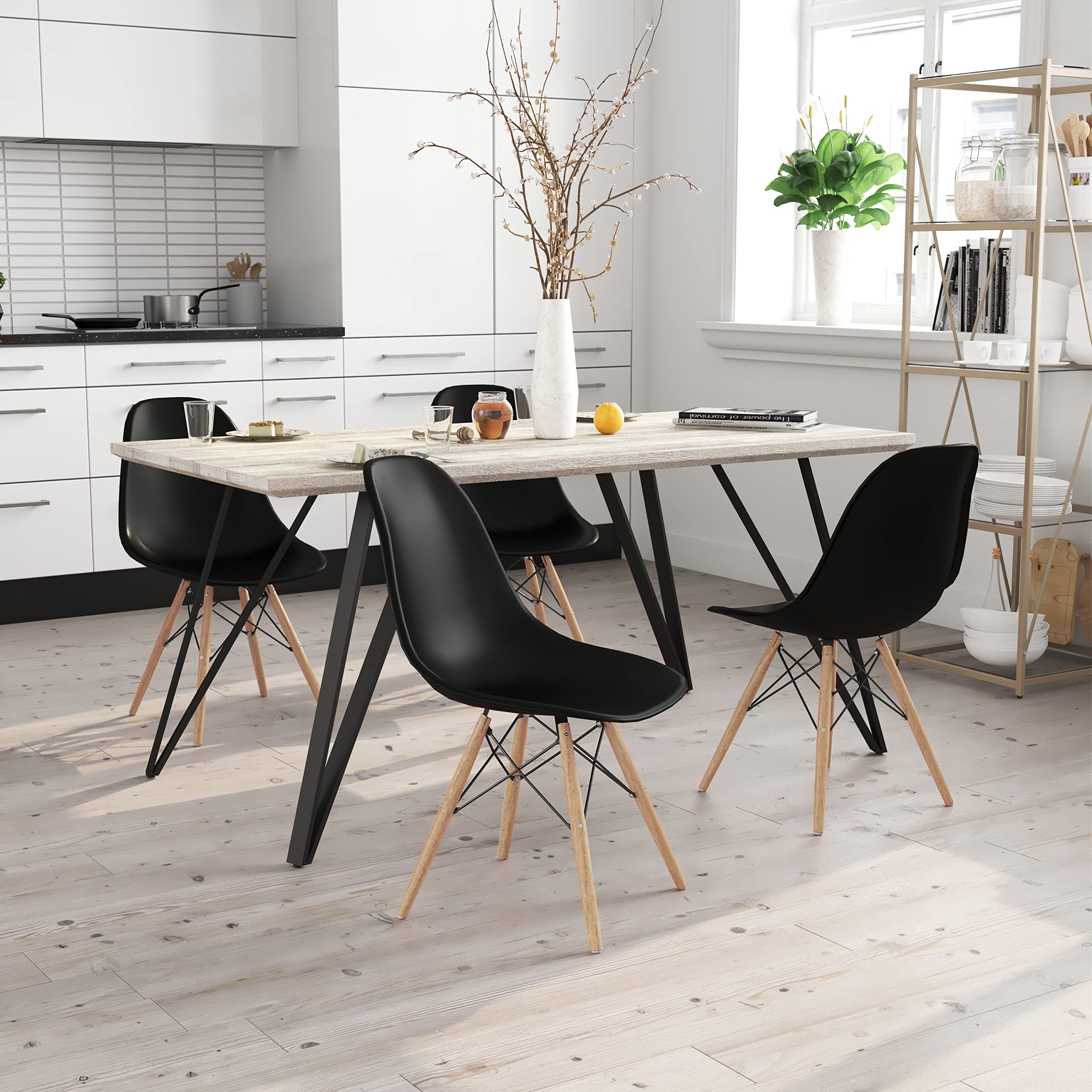 HBCY Creations Commercial Retro Plastic Chair - Black Plastic Back and Seat - Natural Finish Wooden Legs - Armless