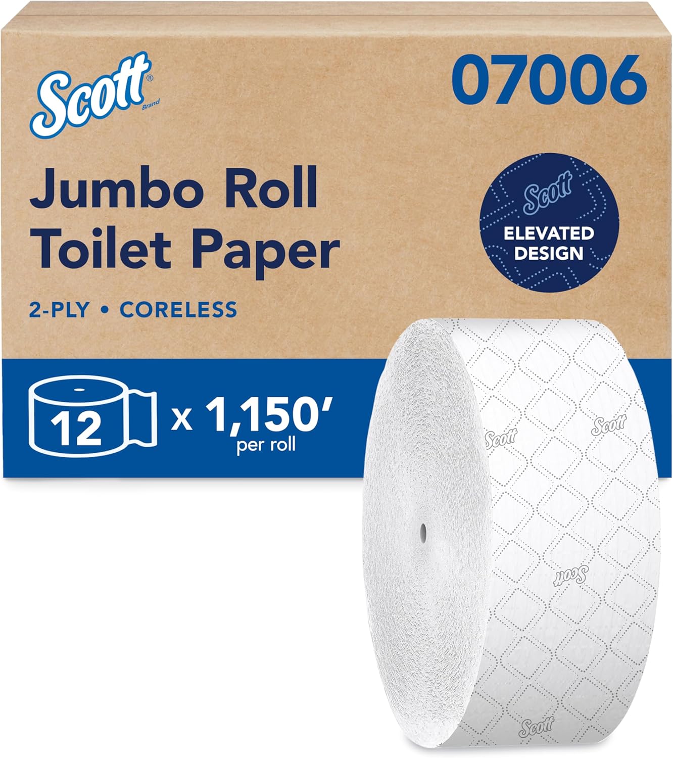 Scott Professional Coreless High-Capacity Jumbo Roll Bulk Toilet Paper (07006), 2-Ply, Elevated Design, White (12 Rolls at 1,150' Each, 13,800'/Case) Scott Essential Only