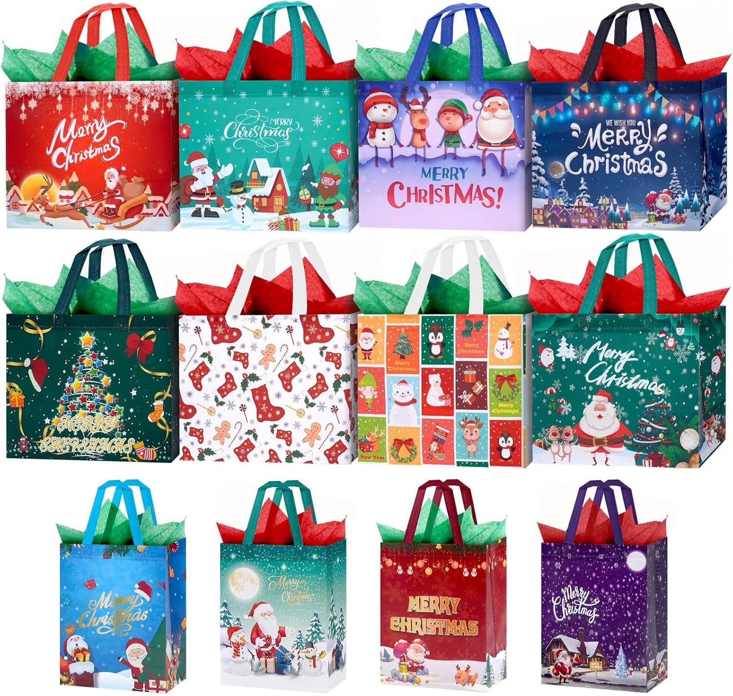 12 Pack Christmas Bags with Tissue Paper, Reusable Tote Gift Bags with
