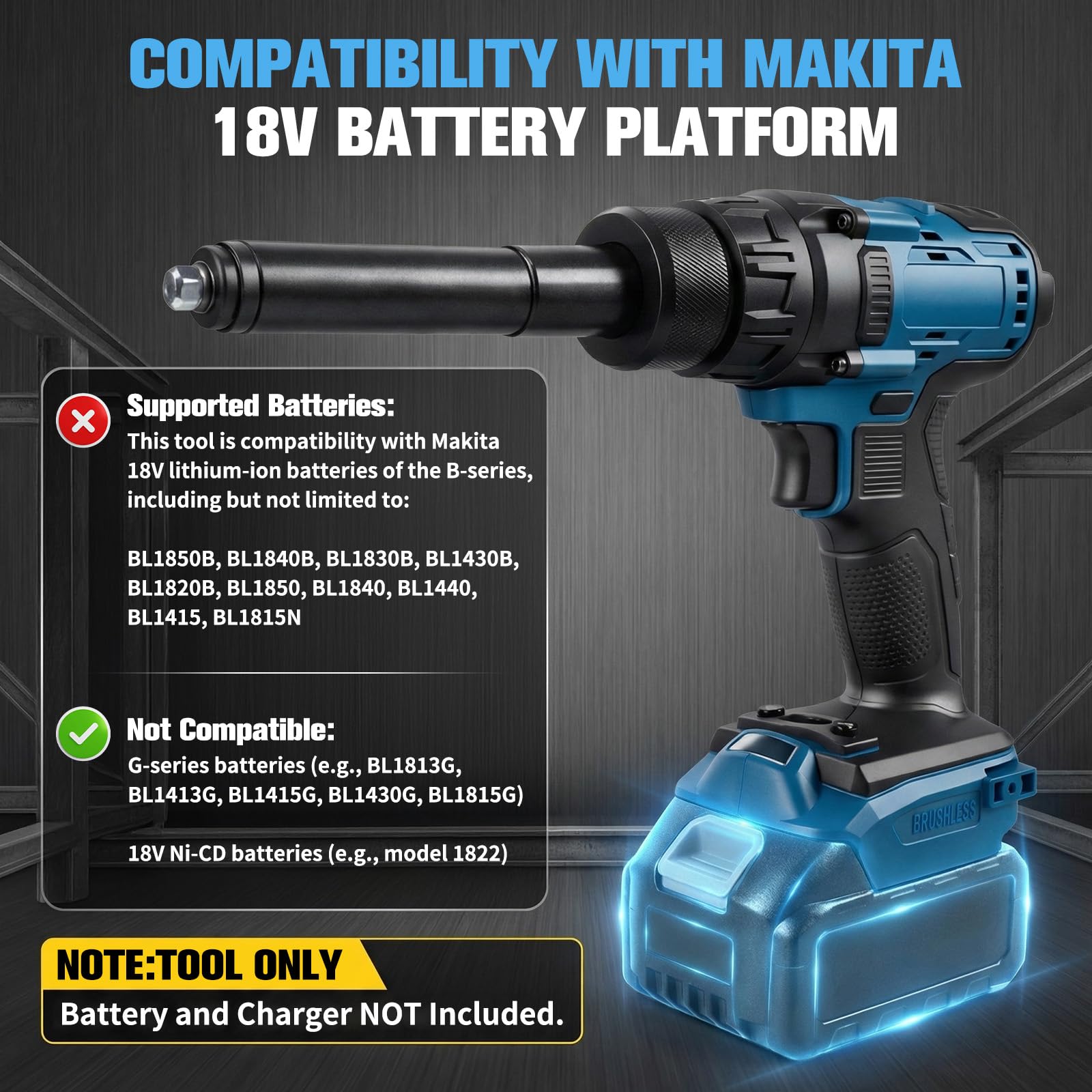 2 in 1 Kabelloses Nietgerät und Nietmutterpistole kompatibel mit Makita 18V-Akku, Elektrische Nietzange mit Brushless-Motor, Inklusive M3/M4/M5/M6/M8/M10/M12 Muttern, 4 Adaptern (ohne Akku)