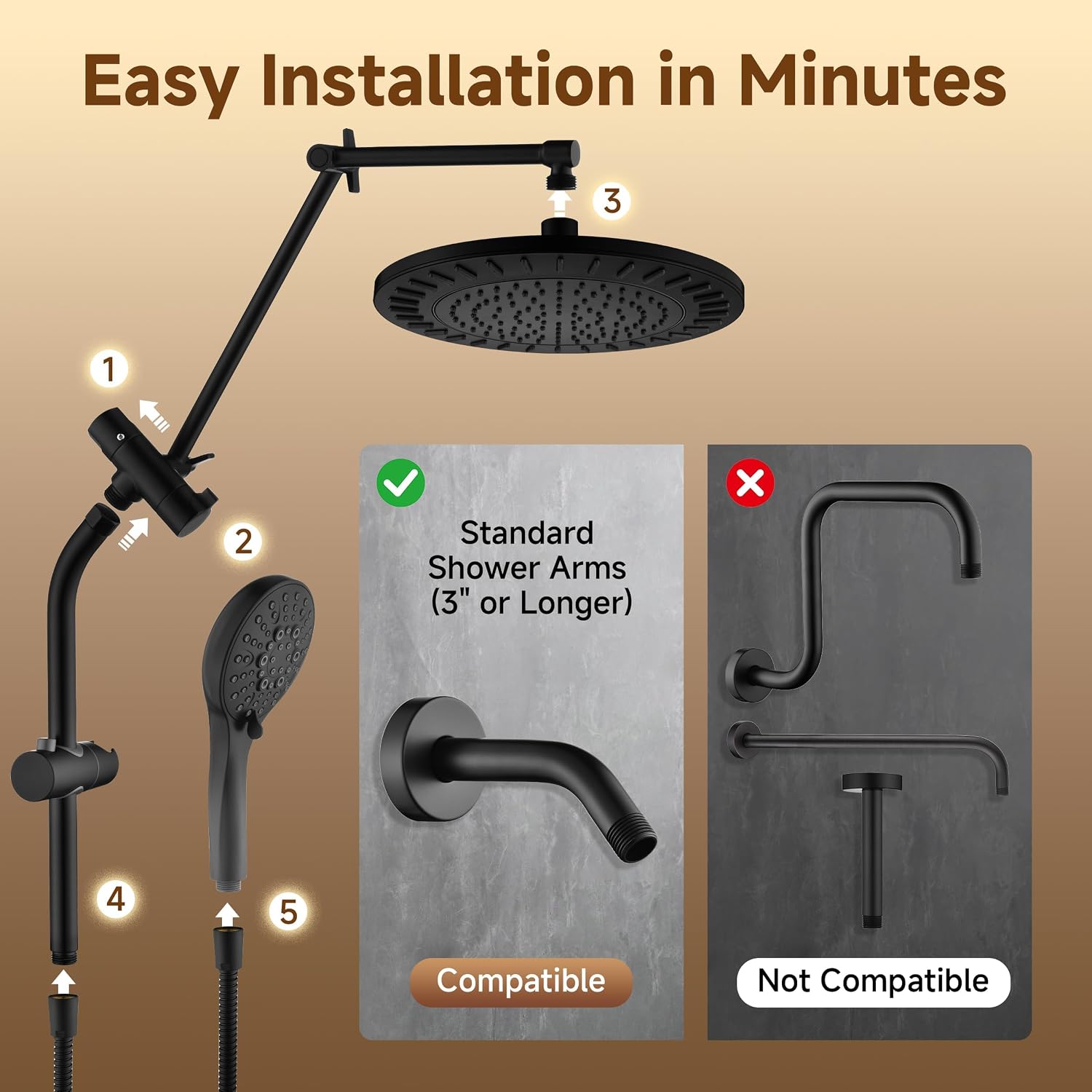 BRIGHT SHOWERS Rain Shower System with Handheld, High Pressure Dual Shower Head Combo, 9-Spray Modes, Adjustable Slide Bar & Extension Arm, 3-Way Diverter, Built-in Power Wash, 69" Hose, Matte Black