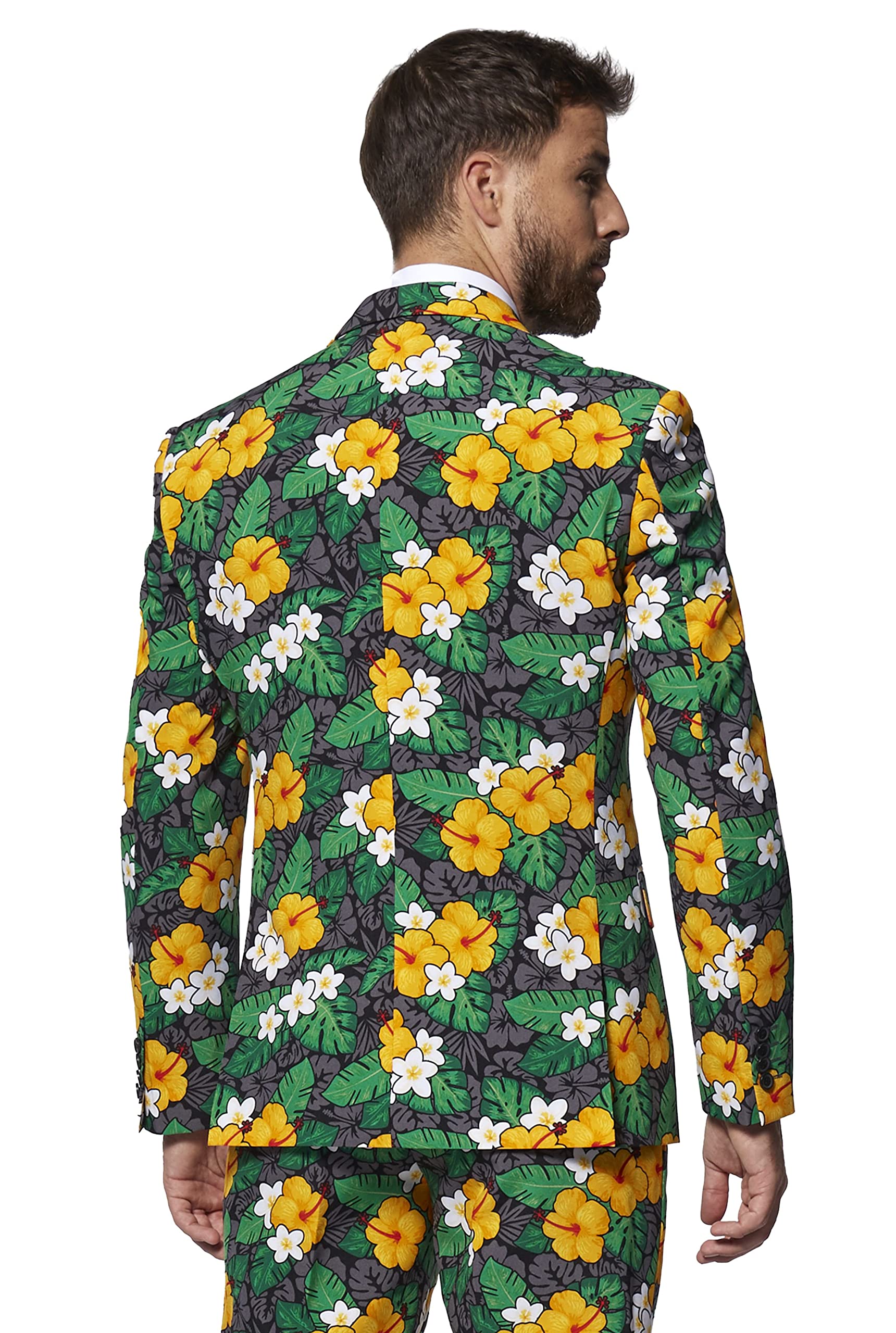 OppoSuits Herrenanzug - Sommer-Outfit mit tropischen Blumen - schmale Passform - Grün und gelb - Inklusive Blazer, Hose und Krawatte