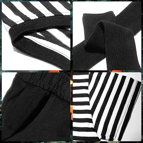 Miniatura 4 de FONYFA Disfraz de Addams de Halloween, camisetas de manga corta a rayas, pantalones cortos y calcetines de tubo alto para fiesta temática