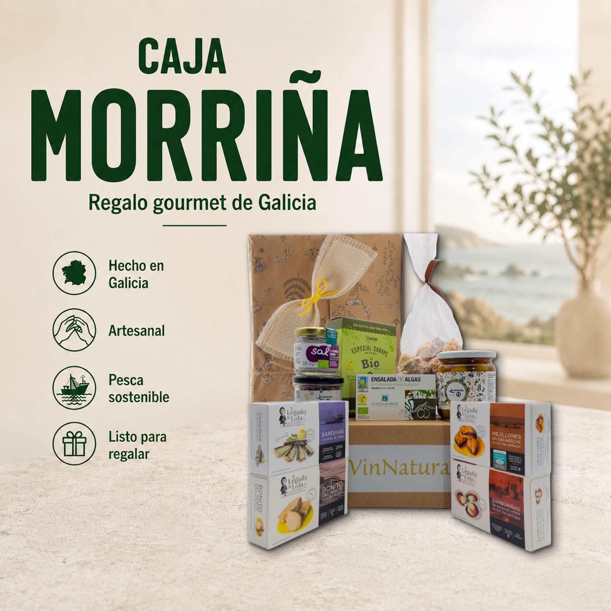 Caja Regalo Gourmet Morriña de VinNatura con Conservas Artesanales | Cesta gourmet de Galicia, regalos de empresa y celebraciones, elaboración tradicional, tarjeta personalizable