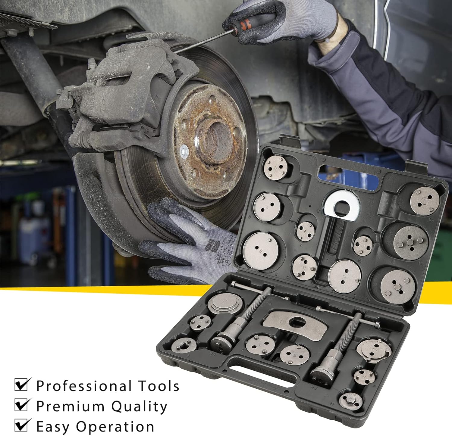 24PCS Disc Brake Caliper Tool Kit | Heavy Duty Disc Brake Piston Caliper Compressor Rewind Tool Set for Brake Pad Replacement Reset, Fits Most American European Japanese Autos (Black) thumbnail