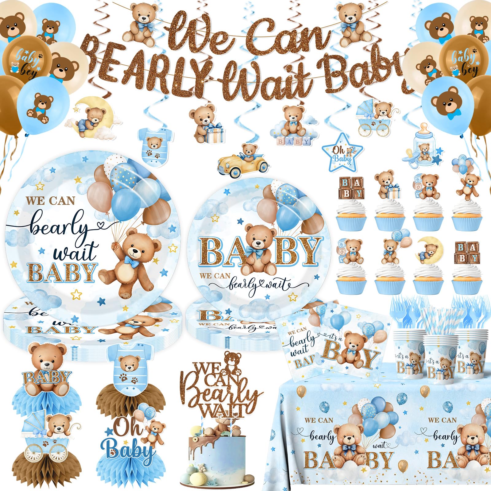 Blue Bear Baby Shower Decorations,219Pcs Baby Shower Tableware Set Banner, Plates and Napkins, Tablecloth, Cake Toppers, Honeycomb Balls for Boy Neutral Bear Themed Party Decorations Severs 24
