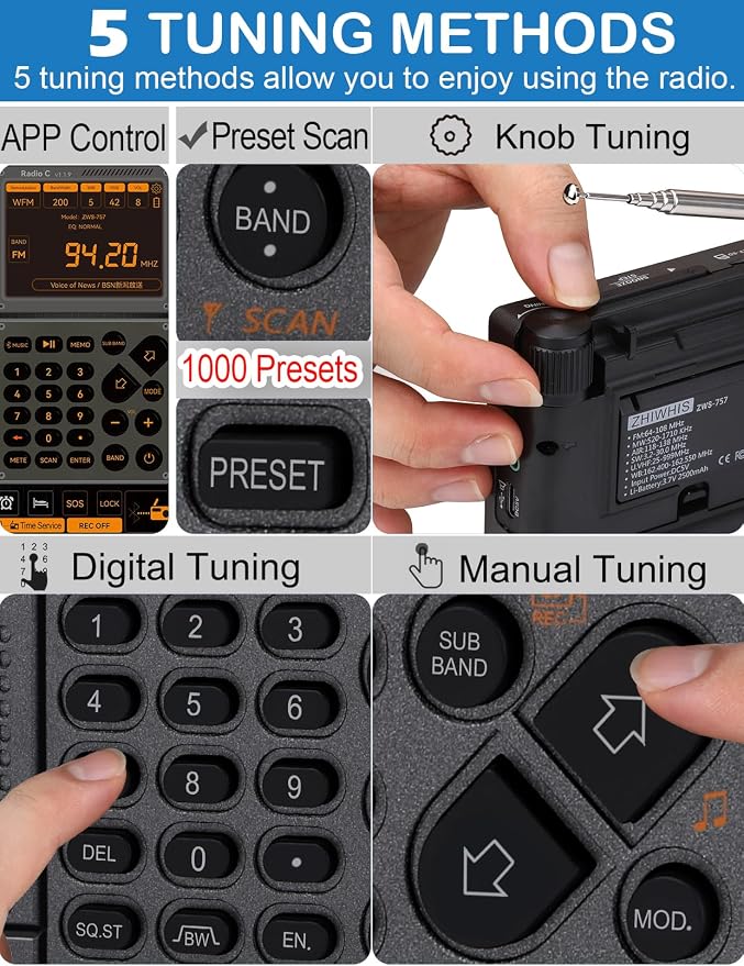 Radio de onda corta con control APP y antena, radios de emergencia NOAA, linterna, Bluetooth, microSD, 1000 presets, portátil miniatura 4