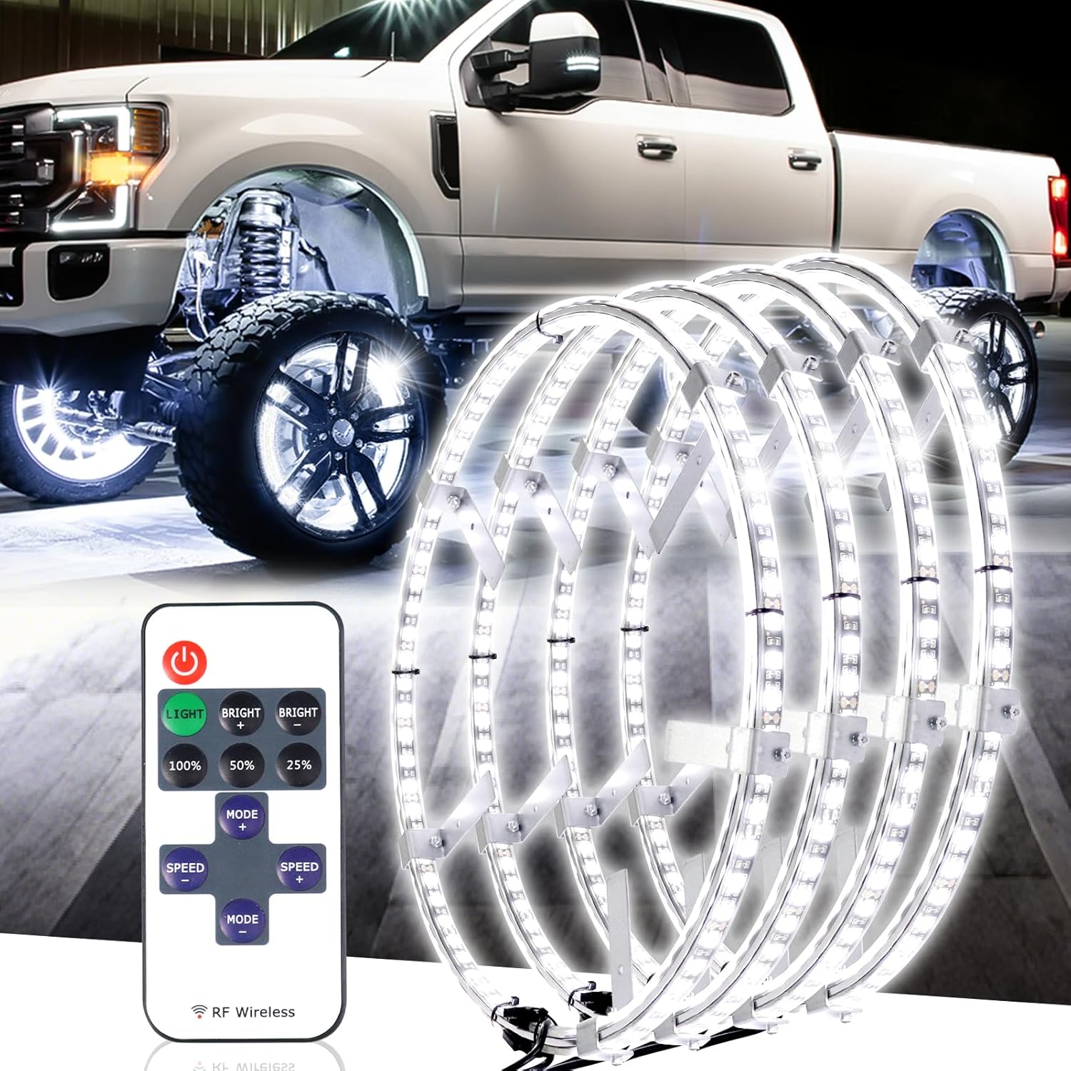 Tavaray 4PCS 15.5" Super Bright Double Row Pure White Wheel Lights, Remote Control with Flashing Modes, IP67 Waterproof, 6500K LED Wheel Ring Lights for Trucks Cars SUV Pickup Vehicles Offroad