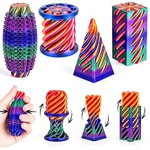 4-Pack 3D Printed Fidget Toys Set, Impossible Cone Spiral Pyramid & Little Ouchies Pain Stim for Stress Anxiety Relief, Fun Desk Decor Gifts for Kids Adults, Rose Red Blue Green Gradien+Gold Red