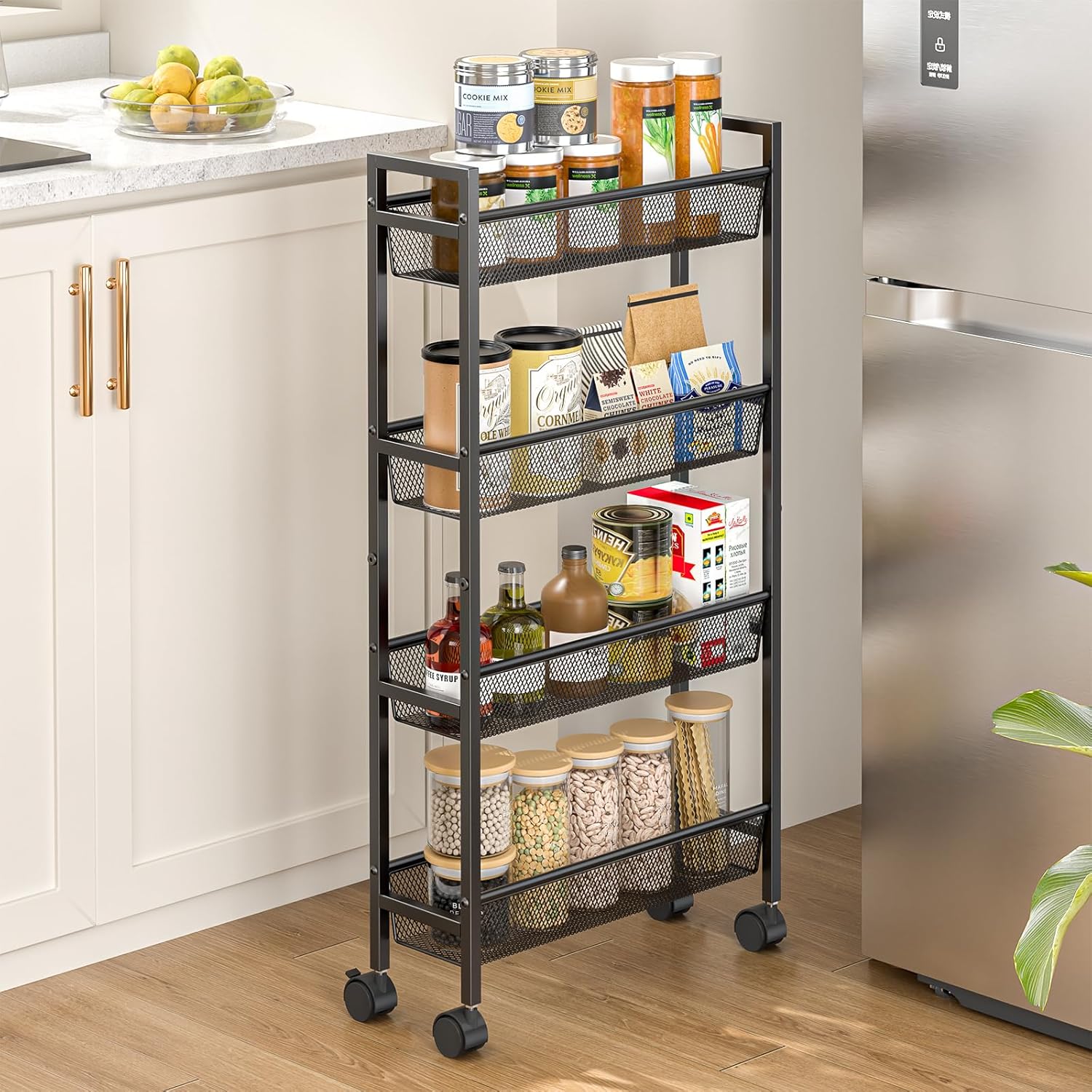 Slim Storage Rolling Cart, 4 Tier Narrow Cart with Wheels, Metal Kitchen Carts for Small Spaces, Slide Out Storage Shelves Mobile Shelving Unit for Kitchen, Laundry Room, Bathroom, Living Room, 6in(W)