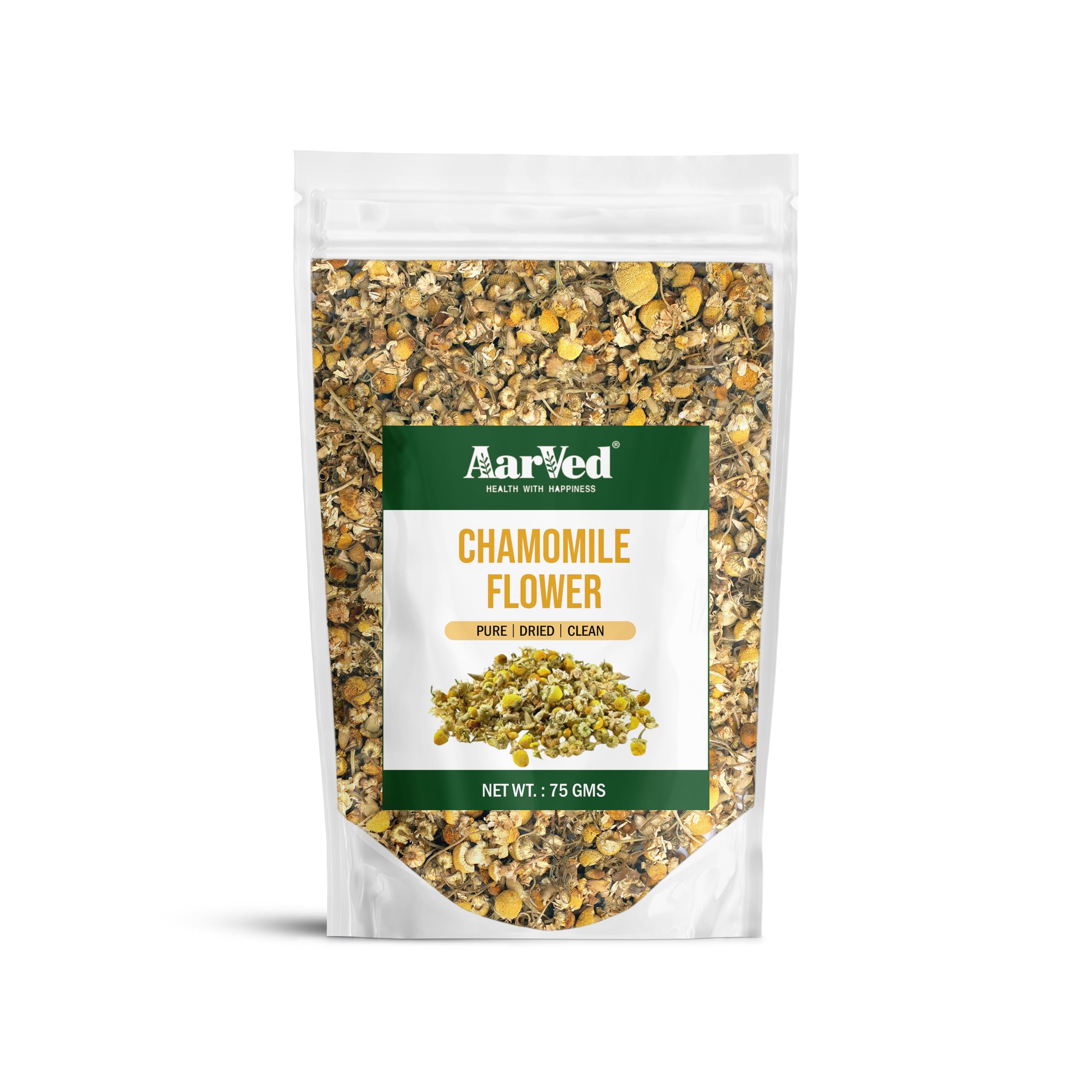AarVed Pure Dried Chamomile Flowers (75g, Pouch) Promotes Sleep & Relaxation, Soothes Mind & Calming, Boosts Immunity, Rich In Antioxidants, Caffeine-Free Herbal Tea (Pack of 1)
