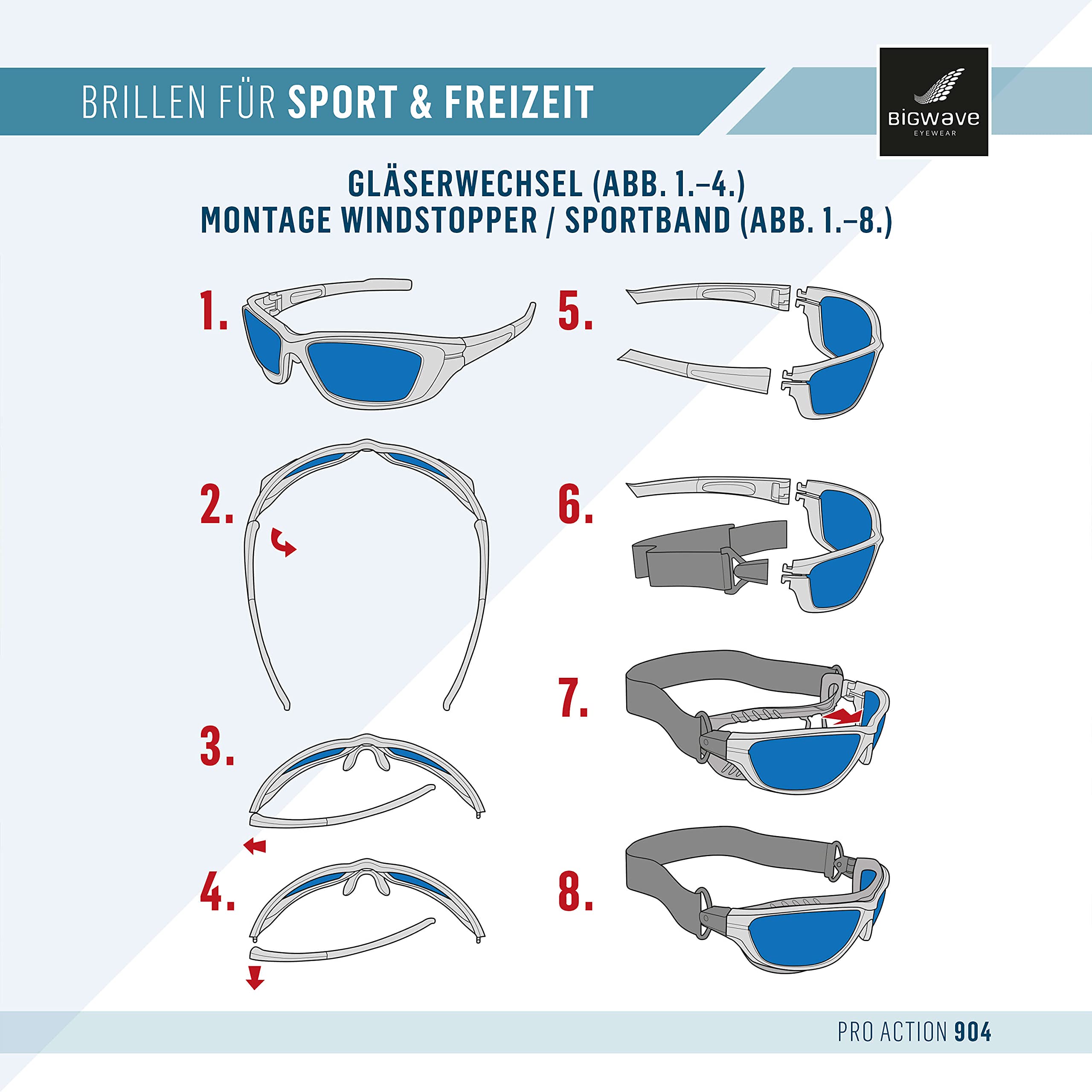 BIGWAVE Pro-Action 904 – Superentspiegelte Premium UV 400 Sportbrille mit 4 Wechselgläsern–Radsportbrille mit schmutzabweisender Clean-Coat Beschichtung für Damen und Herren