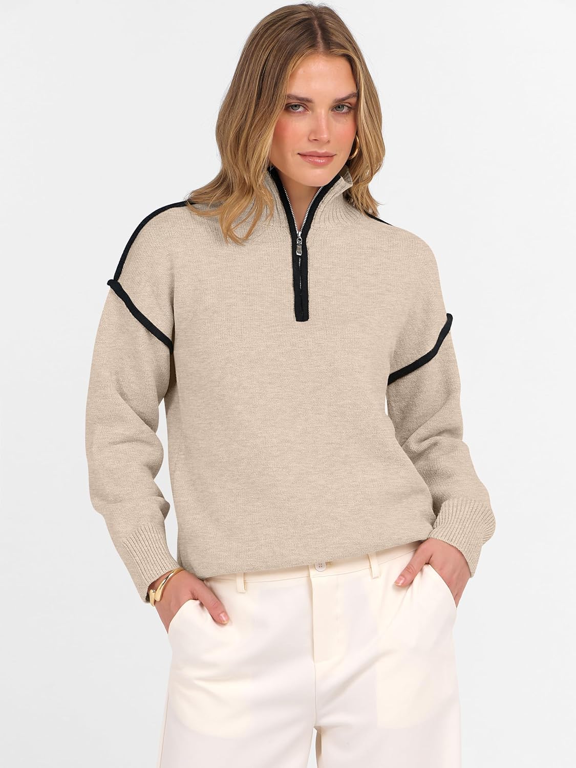 ANRABESS Womens Quarter Zip Sweaters Fall Long Sleeve V Neck Shirts Collared Business Casual Tops Knit Pullover Sweatshirts - Image 6