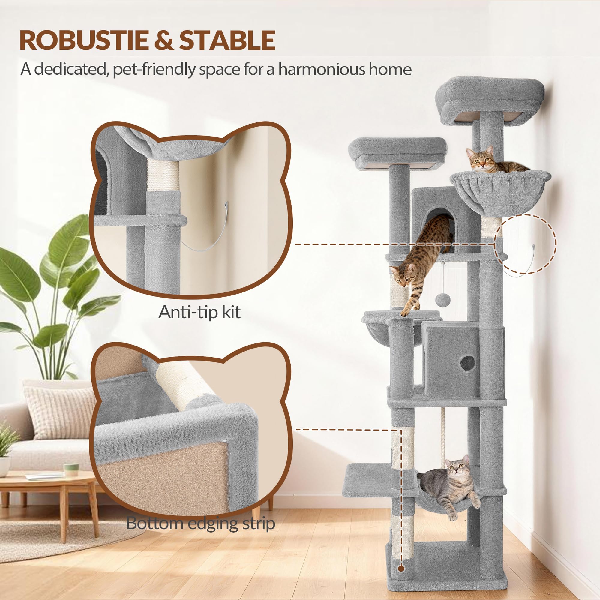 Árbol Rascador para Gatos 175 cm, Torre para Trepar, Gris Claro | Postes Rascadores, 2 Cómodas Casetas, 2 Perchas, 2 Cestas, Hamaca, para Uso en Interiores FPMS006FG1