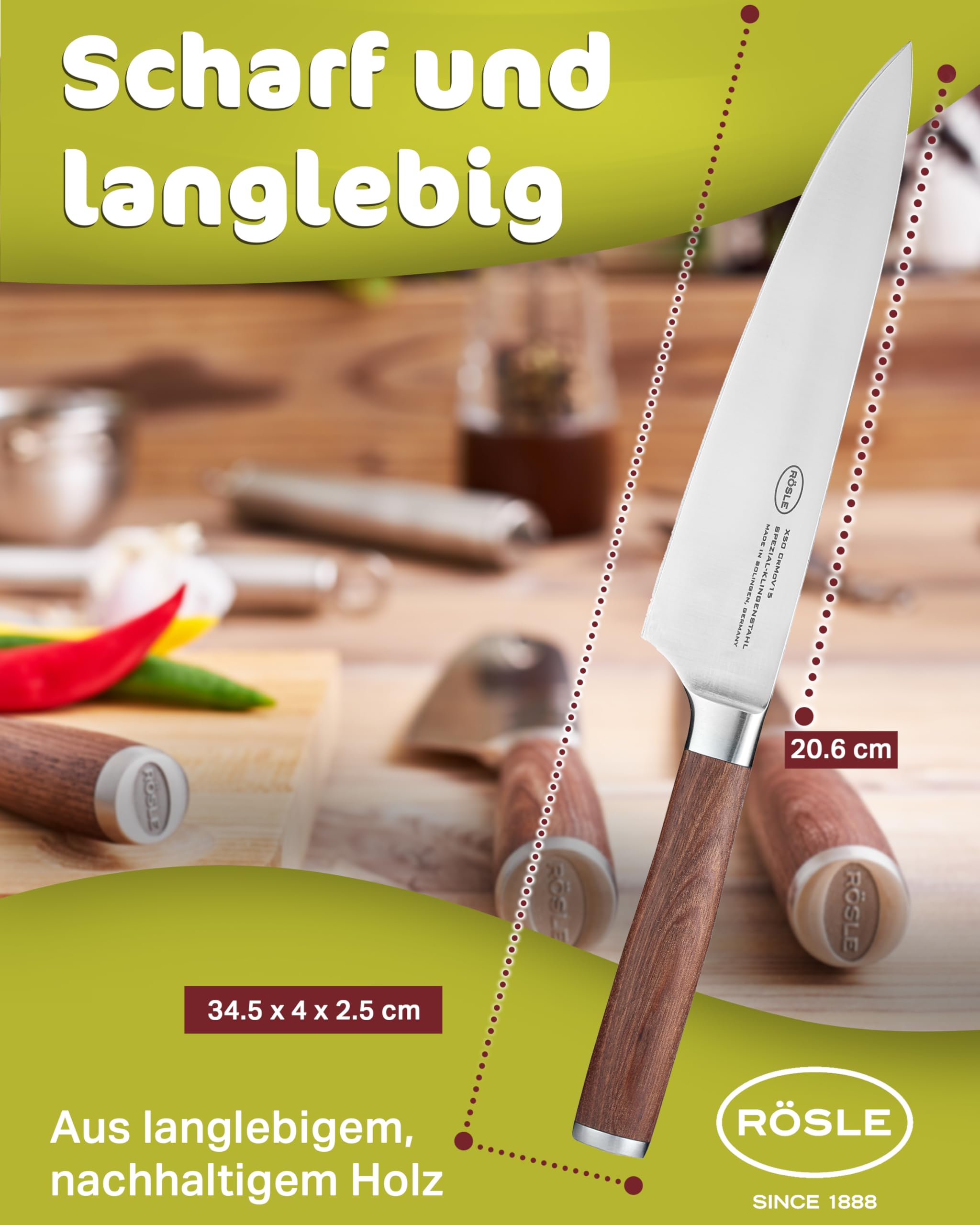 RÖSLE Kochmesser Masterclass 20 cm - Hochwertiges Küchenmesser zum Schneiden von Fleisch, Fisch, Geflügel und Gemüse, ein scharfes Schneidemesser mit ergonomischem Griff aus Walnussholz | Klinge aus X50CrMOV15 Stahl, Made in Solingen, scharf für Fleisch,