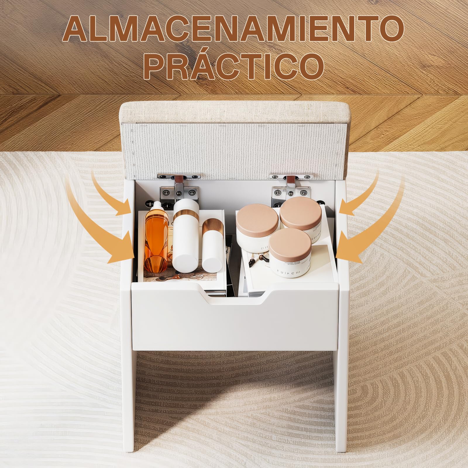 Airfish Taburete Tocador Cómodos con Almacenaje, Silla Tocador Transpirable y Fresco, Baul Banco Almacenaje Tapizado, Reposapies Salon Sofa para Dormitorio, Vestidor, Entrada, Moderno Blanco
