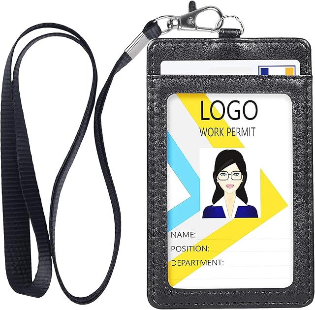 Teskyer Card Holder with Lanyard, ID Badge Holder with Clear Window and Holds 2 Cards, PU Leather Vertical Badge Holder for ID Cards, Offices, Schools, Bus Passes, Black