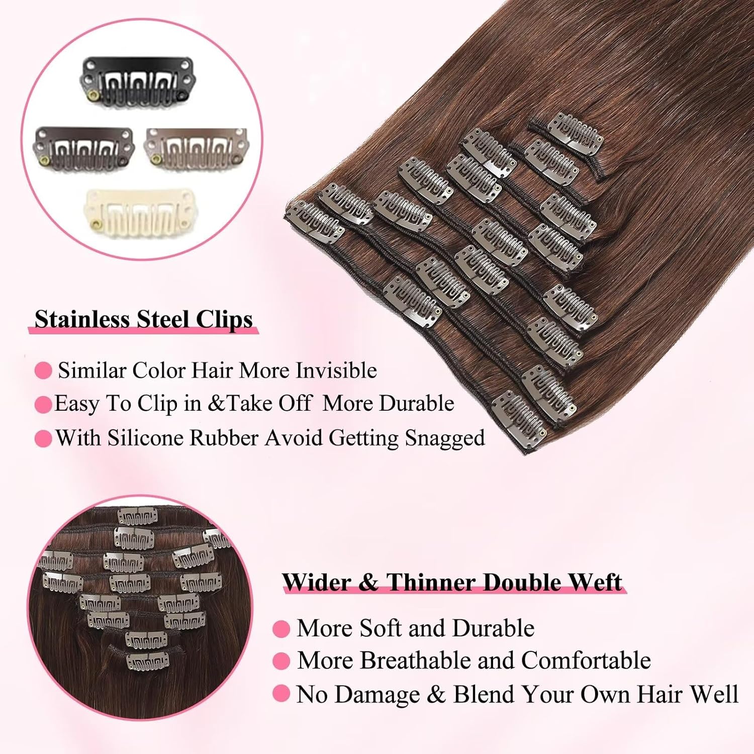 Clip in Hair Extensions Real Human Hair, Seamless Clip ins Real Human Hair for Women, Remy Human Hair Clip in Extensions, Double Weft 8pcs 18 inch Chocolate Brown