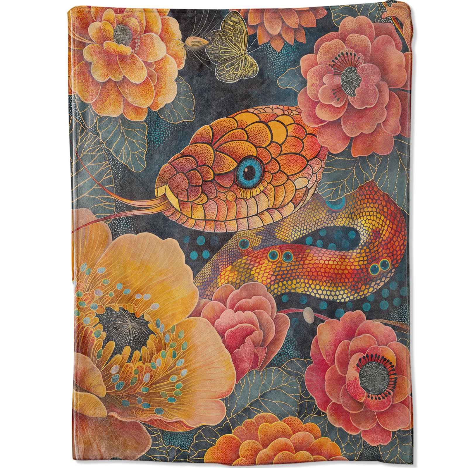 Floral Snake Throw Blanket, Vibrant Botanical Flower Red Serpent Blankets for Bedroom Living Room Couch Decor, Fuzzy Cozy Soft Lightweight Throws, for