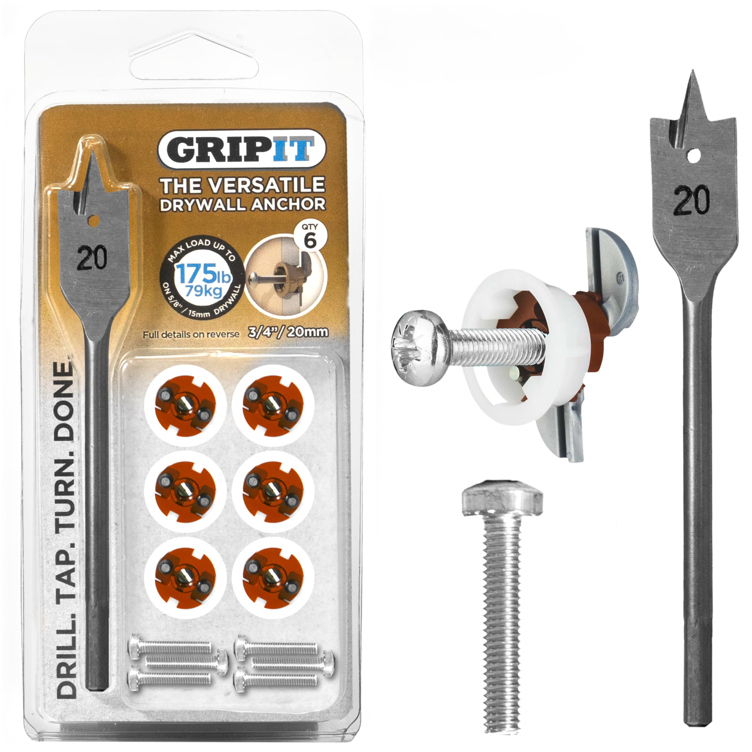 Gripit Brown Cabinet Kit - Pack of 4 - Heavy Duty Plasterboard Fixings for Drywall & Stud Walls, Holds Up to 93kg - for Cabinets, Radiators, AV Equipment and Lighting - Easy Install & UK Designed