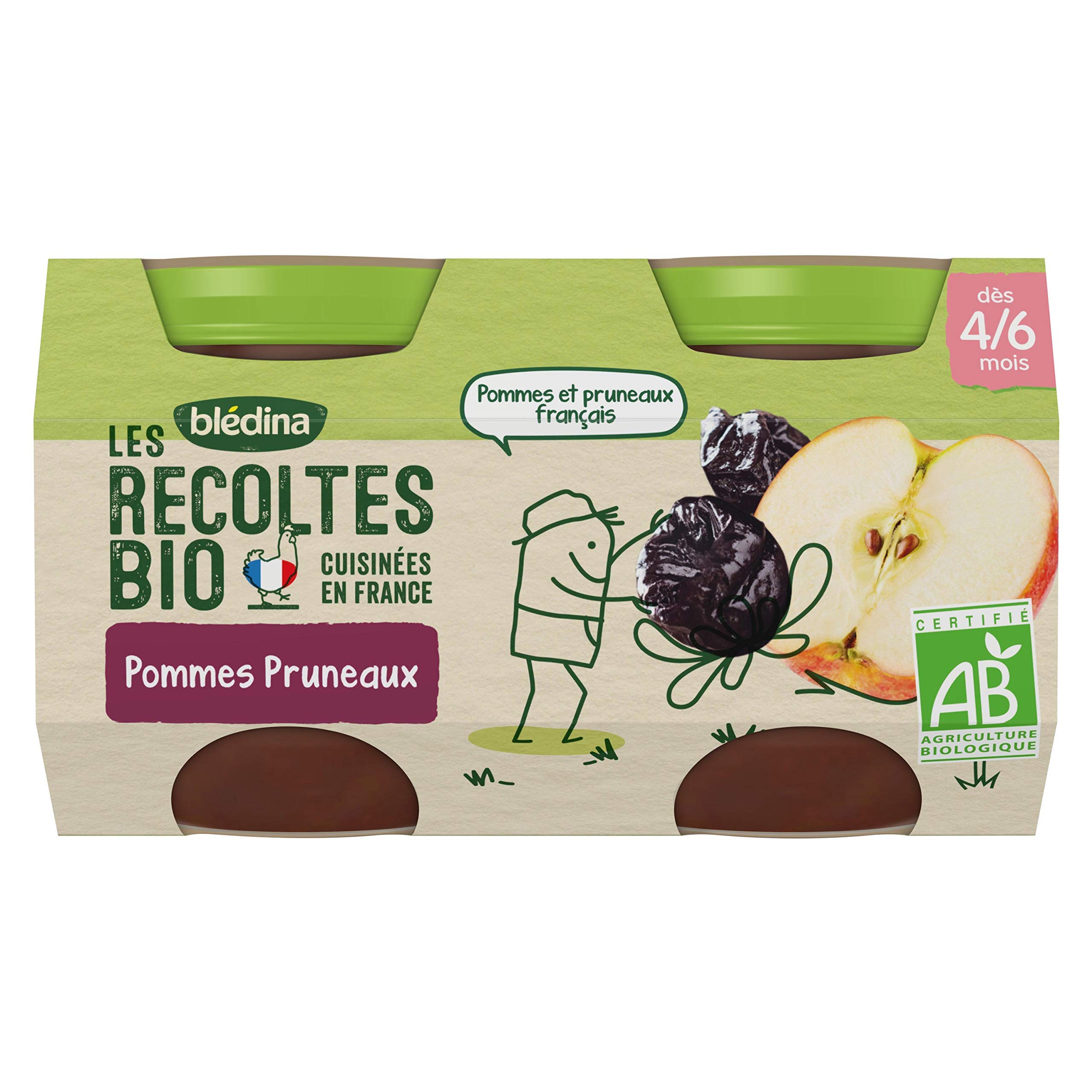 Blédina Les Récoltes Bio, Petits pots bébé Bio dès 4/6 Mois, Pommes Pruneaux, 2x130g (Packx12)