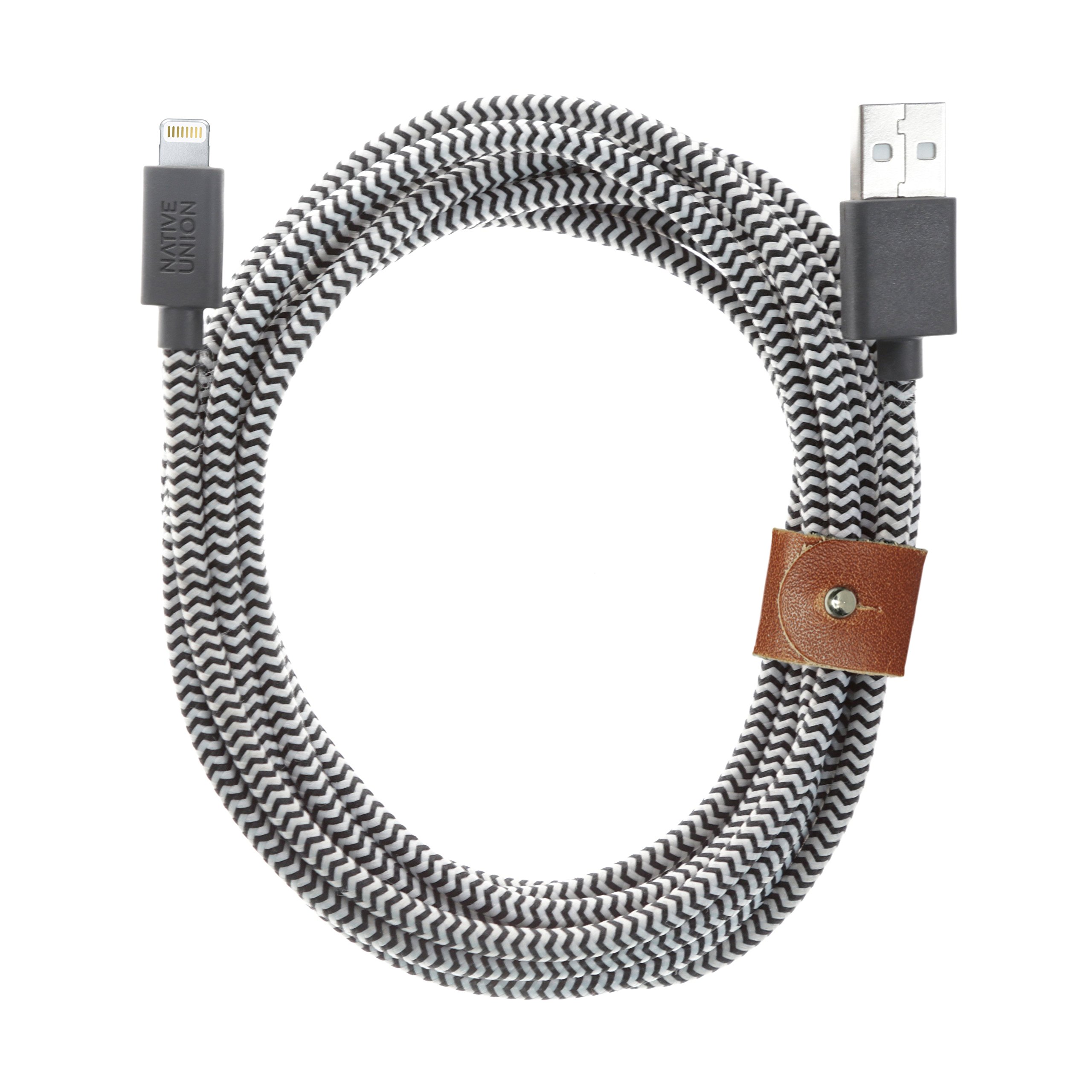 Native Union BELT-L-ZEB-3-V2 Mobile Phones Cables Black, White - 10ft Ultra-Strong Reinforced [Apple MFi Certified] Durable Lightning to USB Charging Cable with Leather Strap for iPhone/iPad (Zebra)