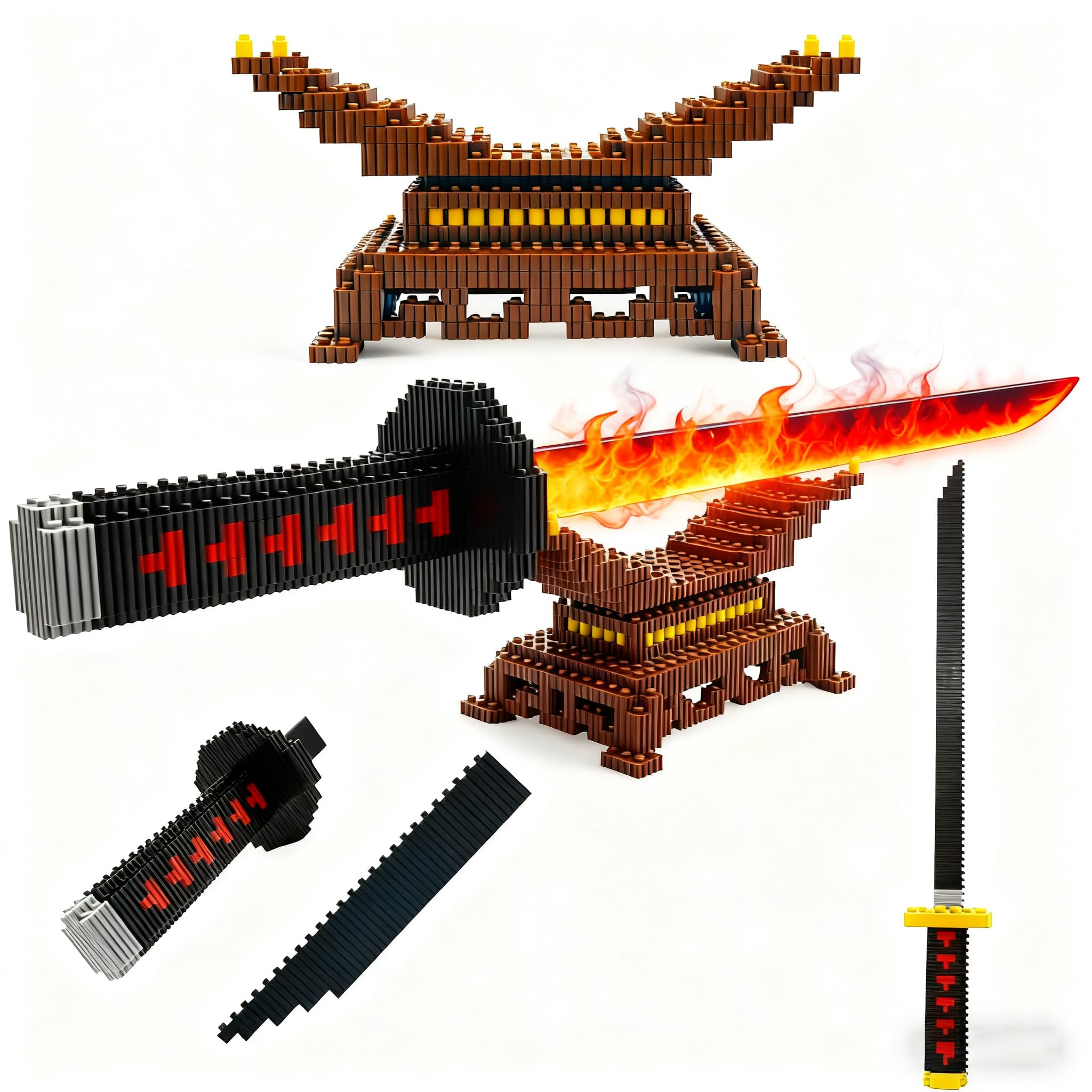 Kill Demon Sword Building Kit, 19in Cosplay Anime Sword Building Blocks with Sword Stand, Slayer Katana Sword Model Decor Building Brick Gift for Kid, Adult(Black Fire Sword)