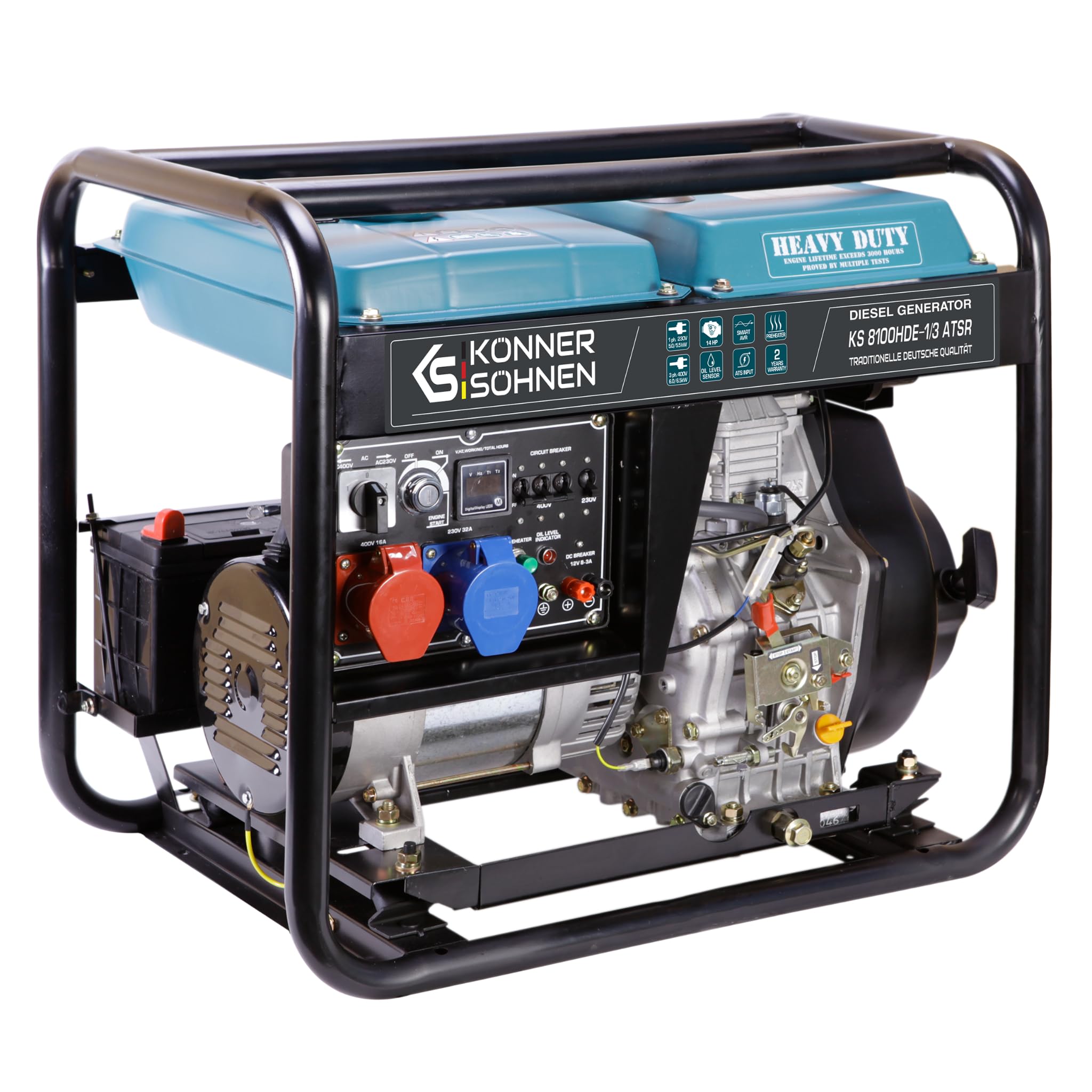 Agregat prądotwórczy Generator Diesla KS 8100HDE-1/3 ATSR (Euro V) z wbudowanym układem przełączania faz (VTS), maksymalna moc 6500 W, 1x16A (400V), maksymalna moc 5500 W 1x32A (230V), autorski silnik EURO-V, wyświetlacz (częstotliwość, napięcie, licznik