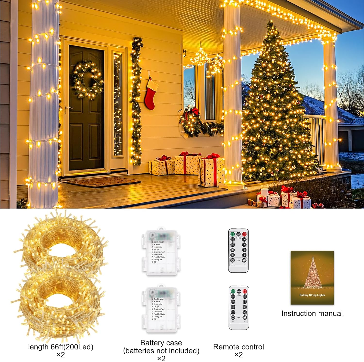 2Pack Christmas Lights Outdoor Battery Operated String Lights with Remote, Total 400LED 135Ft with Timer 8 Modes Waterproof Outdoor Indoor for Christmas Tree Decor, Warm White