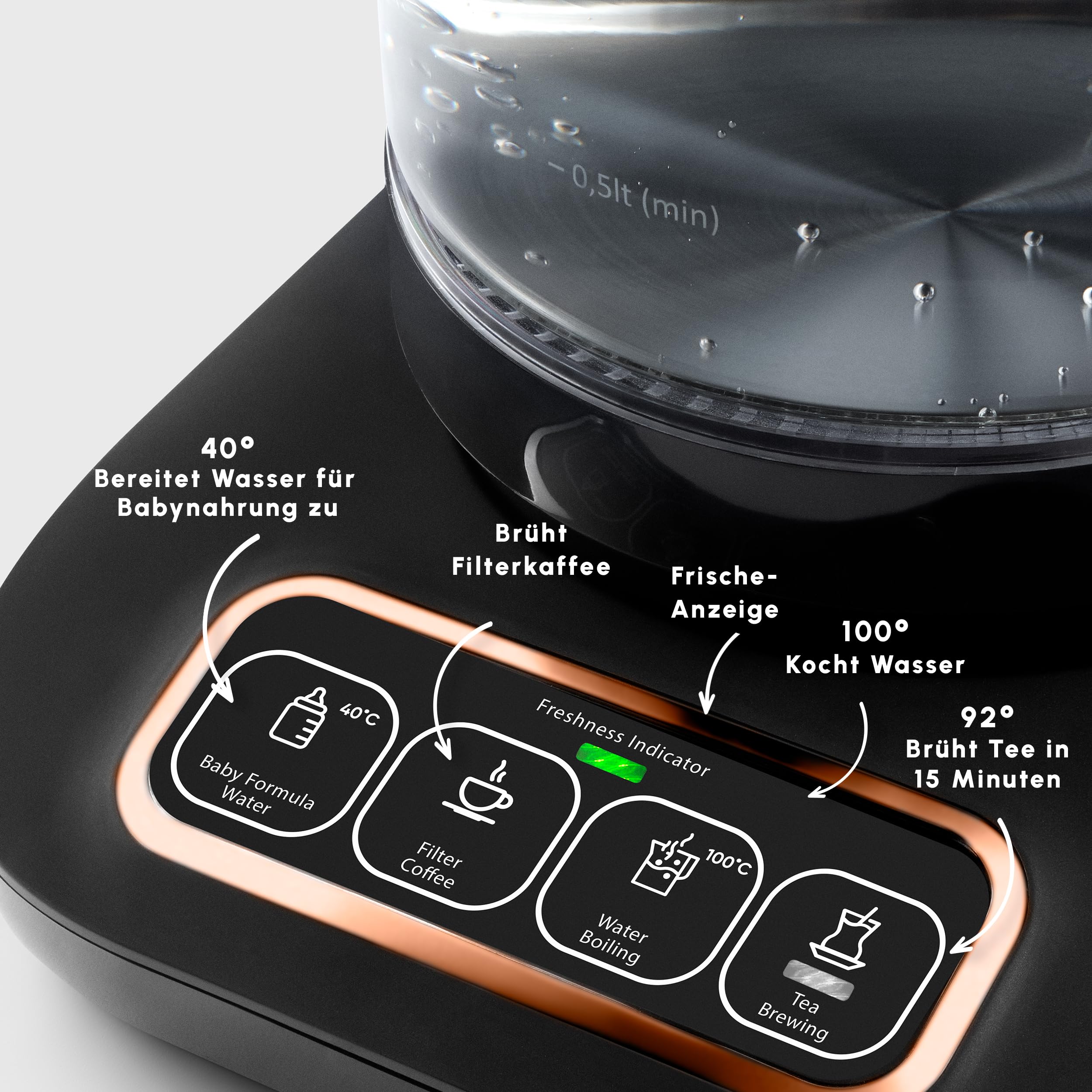 KARACA Çaysever Robotea Pro 4 in 1 Sprechender Automatischer Glas Teekocher, 2500W, 2,3L Kapazität, Frischeanzeige, Babynahrungswasserfunktion, Tee & Kaffee Zubereitung, Sicherheitsfunktionen