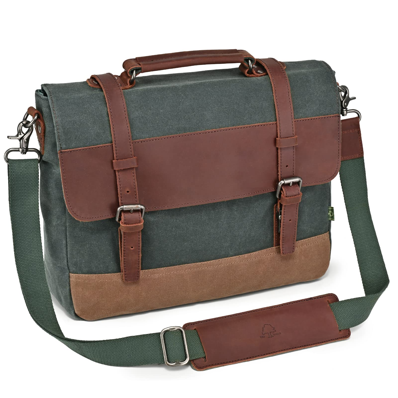 TSD Brand Waxed Waterproof Canvas Briefcase Laptop Messenger Bag Satchel Shoulder Bag Vintage Genuine Leather Crossbody Bag, Teal