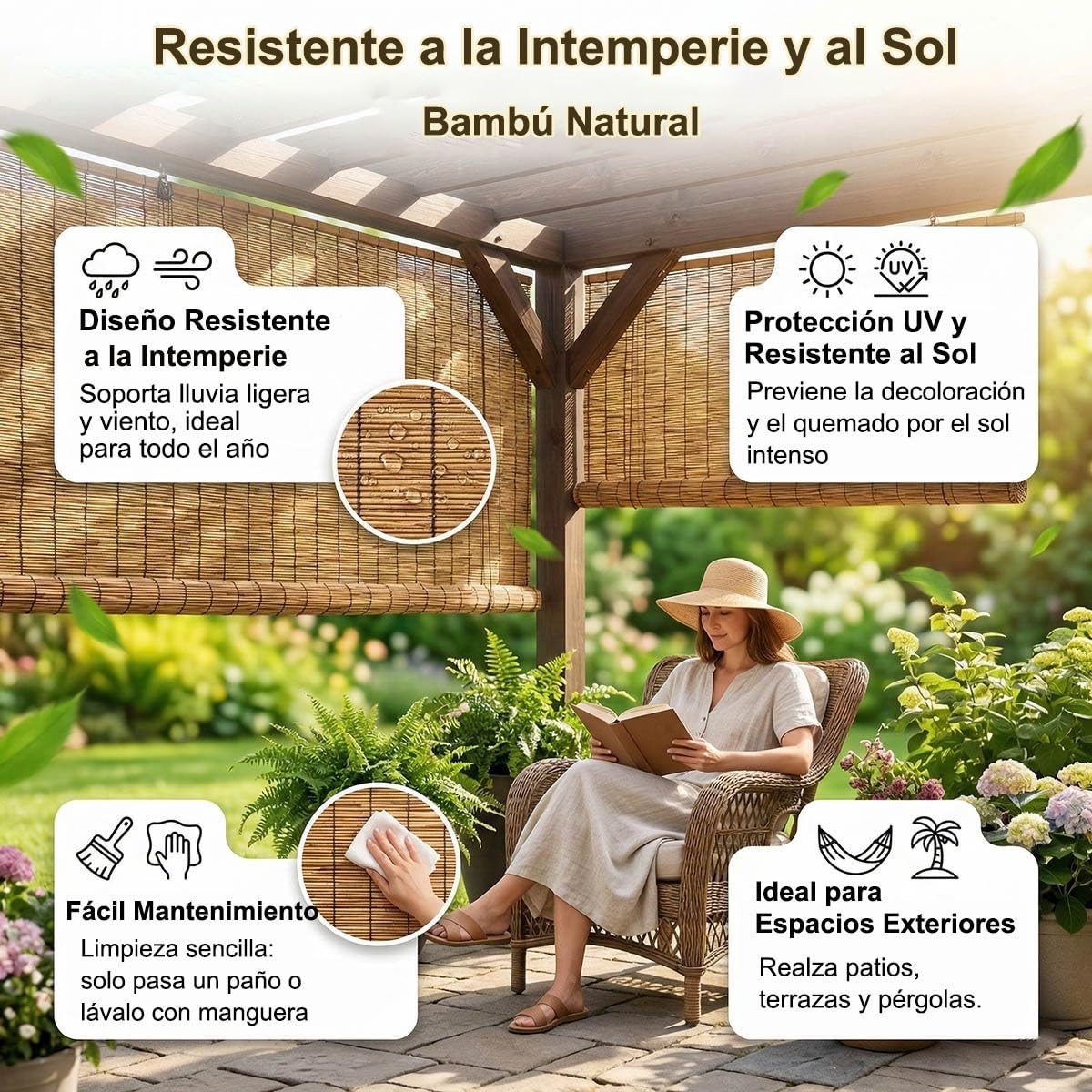 Persianas Enrollable Cortina de Bambu Exterior, 80 100 120 200cm, Opacidad 70% Persianas Enrollables Exterior para Porche Cenador Terraza, Natural Estores de Bambú, Protección Solar(W160cm x H120cm)