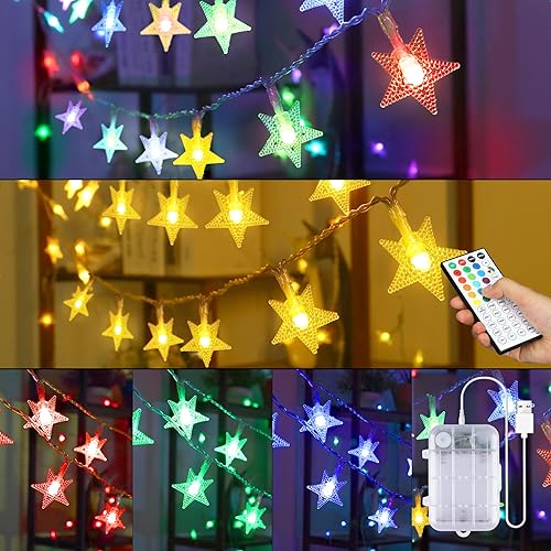 Miniatura 1 de Guirnalda de luces de estrella de 33 pies que funcionan con pilas, RGB + blanco cálido que cambia de color para interiores con control remoto, 60