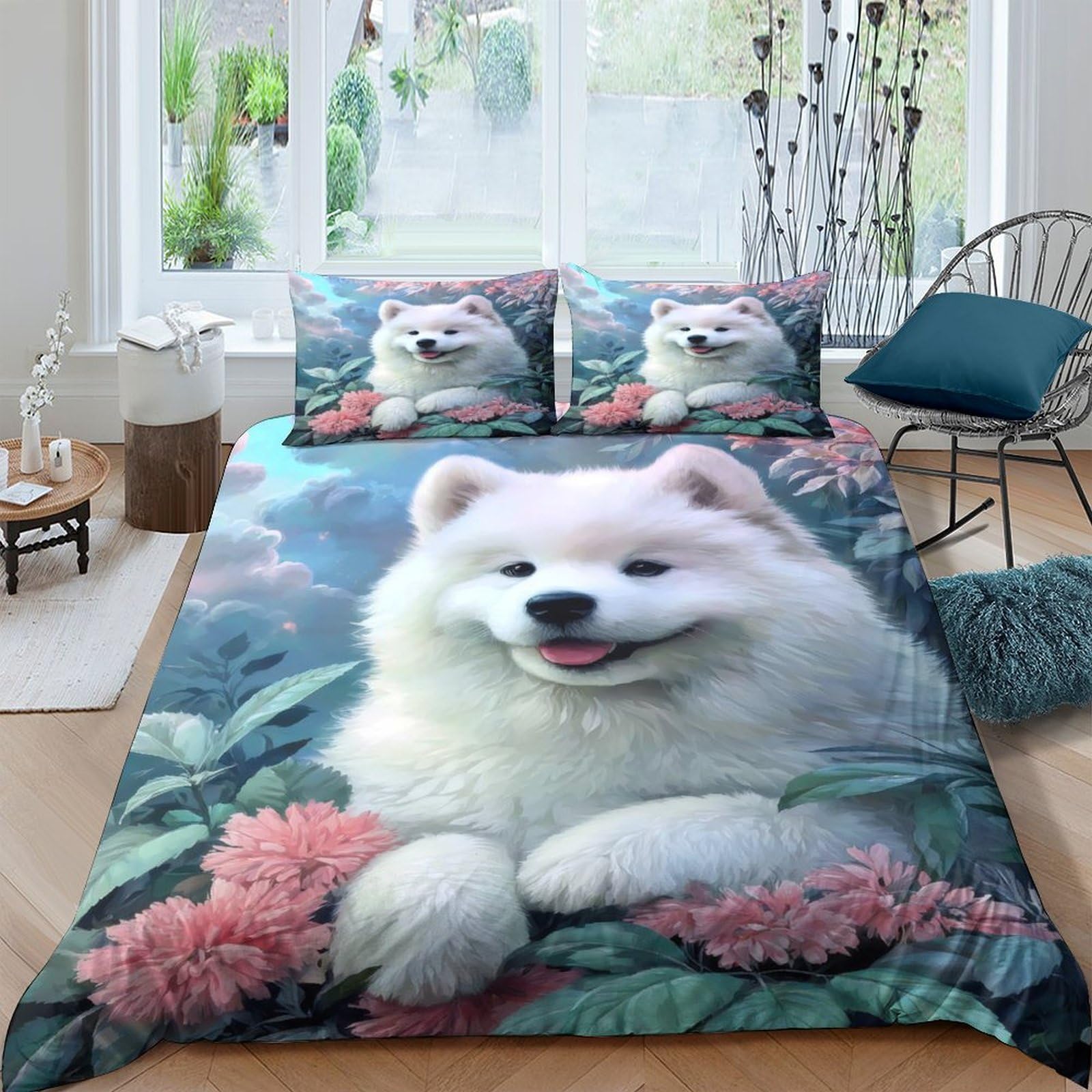 Ctjqhvkz Style-2 3D Printed White Samoyed Dog Fitted Sheet Microfiber Soft Floral Bed Cover For Bedroom Guest Room Decor Mattress Protection Single（135X200cm）