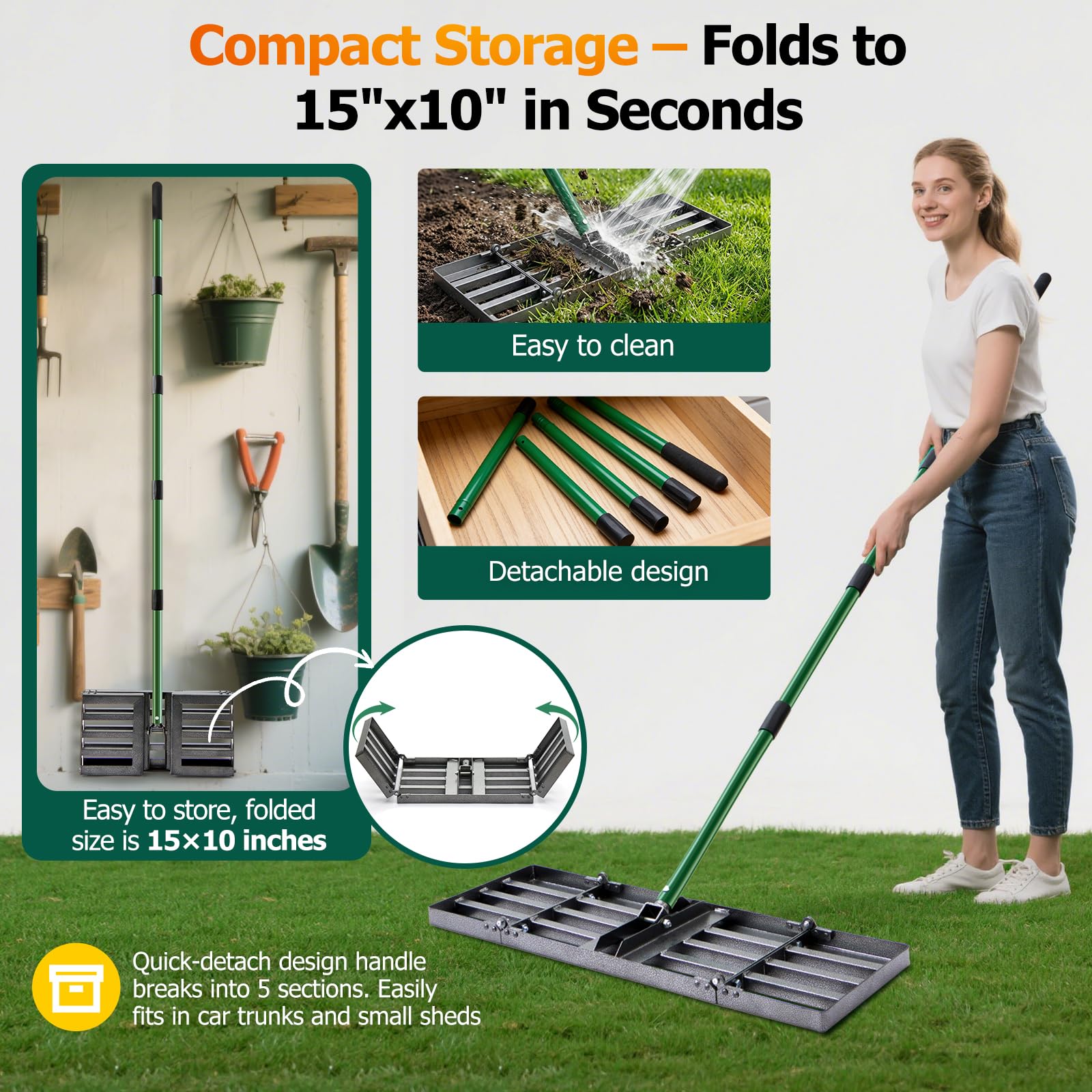Rastrillo de nivelación de césped de 30 x 10 pulgadas, nivelador de césped resistente con mango ajustable de 33 a 77 pulgadas, herramienta de nivelación de suelo plegable para suelo, arena, grava