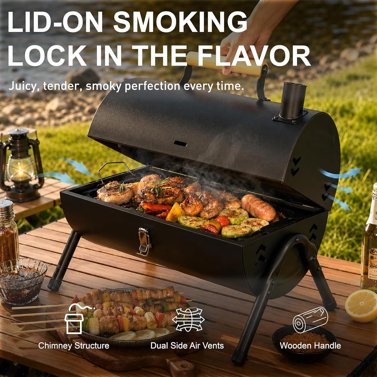 Barbecue charbon de bois portable, fumoir double face avec cheminée, brasero extérieur, 2 grilles et 2 plateaux à charbon, poignée en bois, pour 3-5 personnes, jardin et réunions