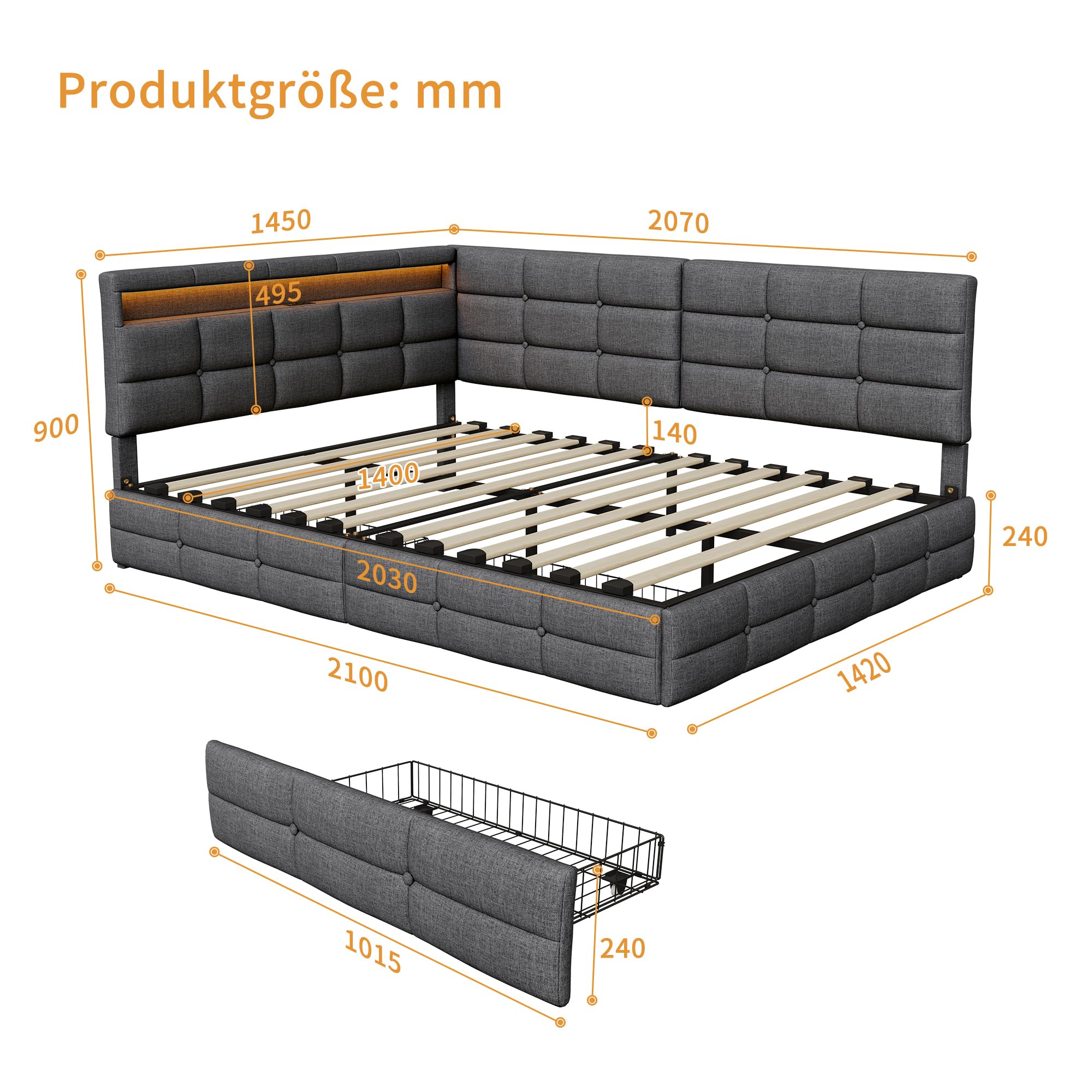 Letto Matrimoniale 140x200 con Testiera a L, Letto Imbottito con Luci LED RGB, USB e Presa di Ricarica, 2 Cassetti Estraibili, Struttura, Letto per ragazzi, Lino, Grigio