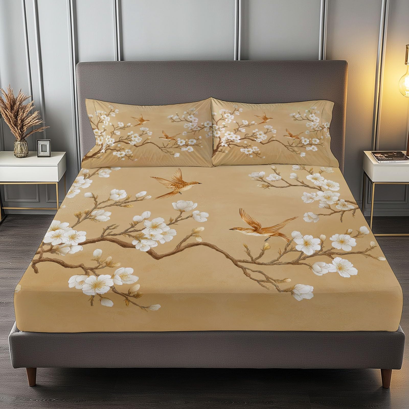 Drap Housse Imprimé Beige 90 x 190 cm avec poche de 30 cm pour lit une personne