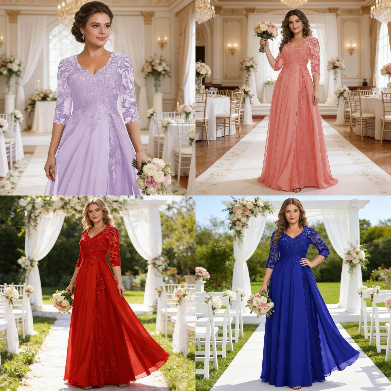 Robes de mère de la mariée à manches 3/4 pour mariage en mousseline de soie appliques en dentelle col en V longue robe de soirée formelle
