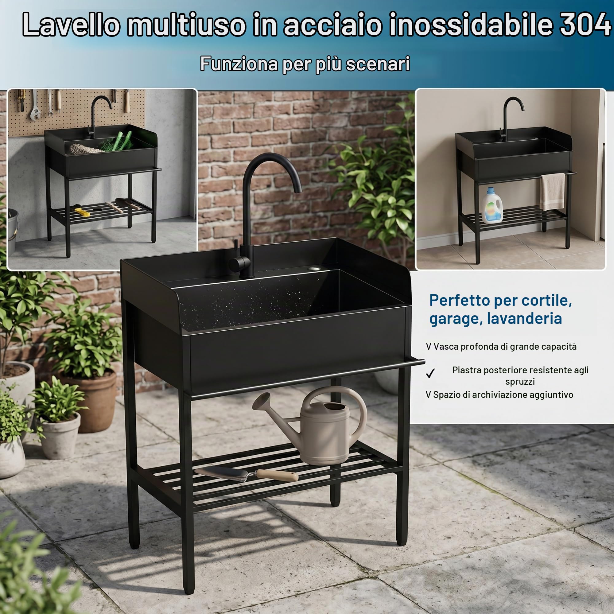 Lavandino Inox con Mobiletto, Lavatoio da Esterno e Giardino Autoportante con Paraspruzzi su 3 Lati, Vasca Lavanderia Altezza 92cm con Miscelatore, Lavello per Garage, Officina(60 x 45 x 92cm)