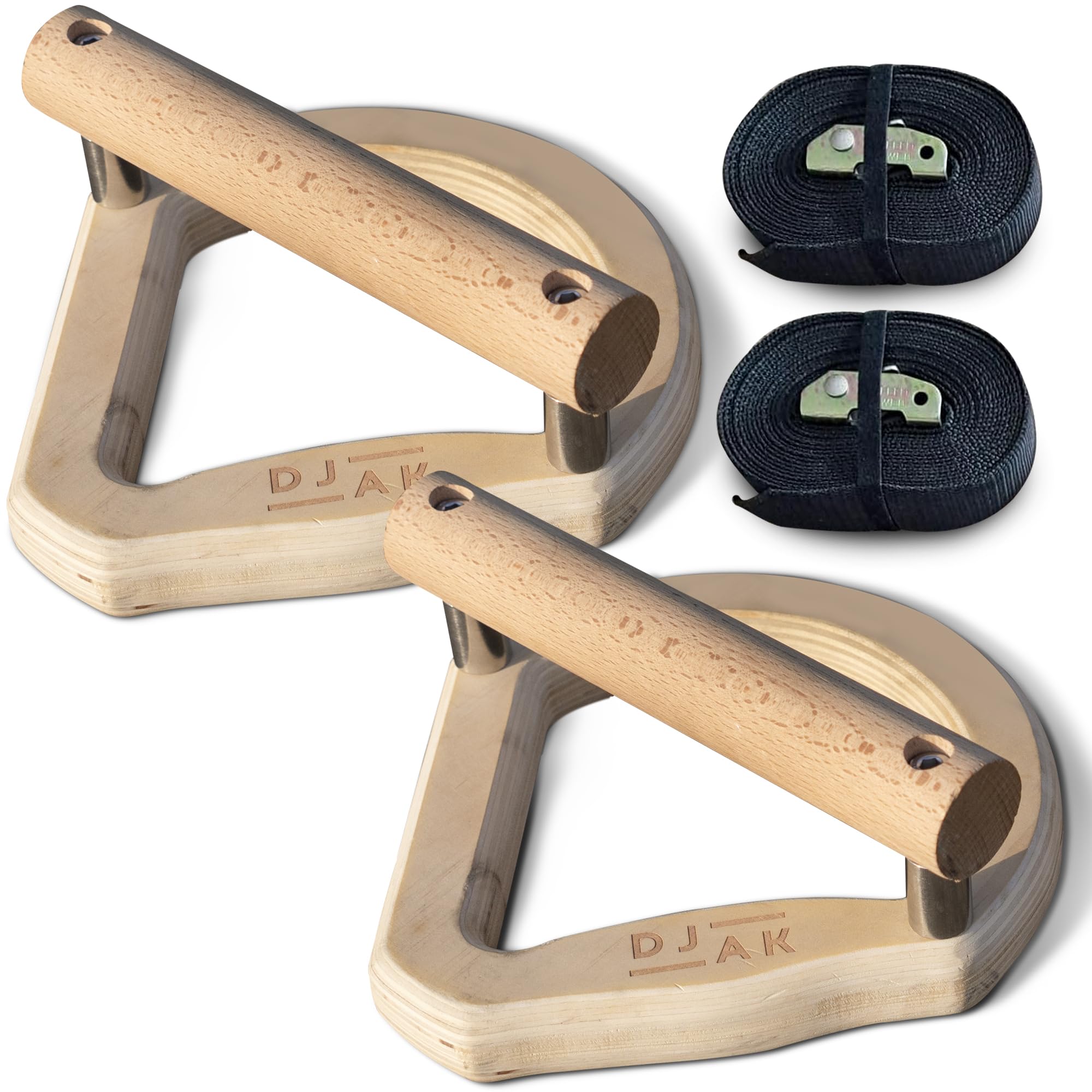 DJAK - Wooden Parallettes Gymnastic Rings – Calisthenics, Bodyweight – Push Ups, Pull Ups, Handstand, Dips, L-Sits – Adjustable Straps – Home Gym and Outdoor