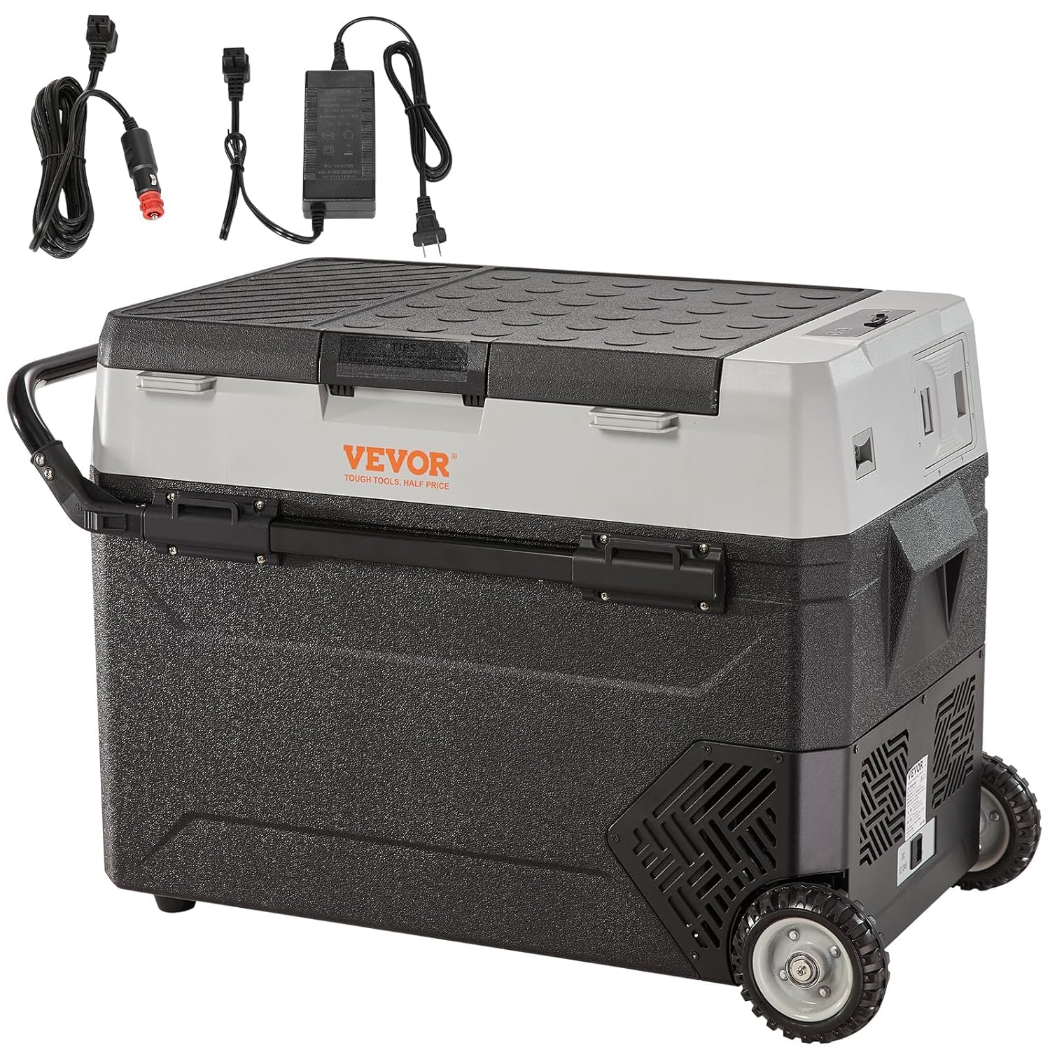 VEVOR Frigo Portatile per Auto, 53 Litri Frigorifero Compressore Congelatore Elettrico CC e CA per Campeggio con Manico Telescopico e Ruote 0,6kW.h da -20°C a 10°C Regolabile per Auto Camion Barca