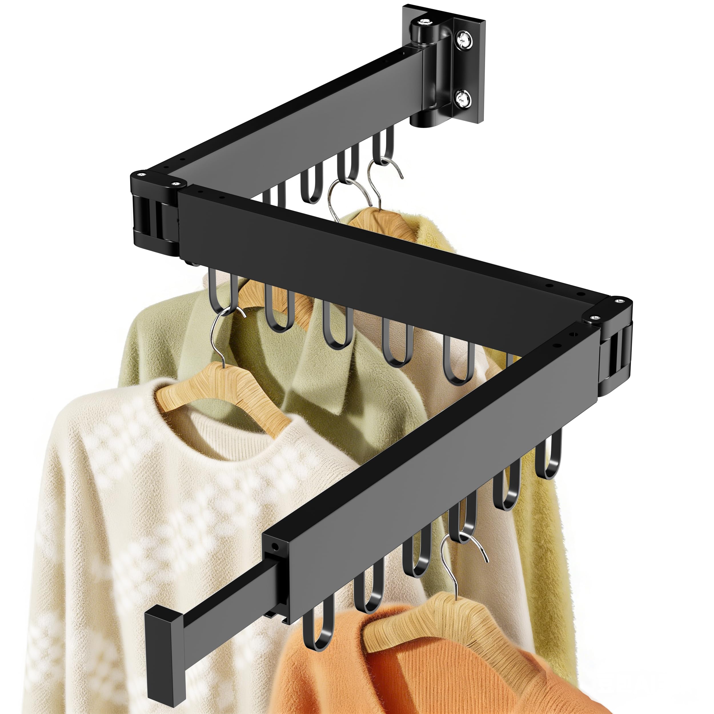 JAUREE Tendedero de ropa montado en la pared, ahorro de espacio, plegable, retráctil, con 18 ganchos, interior y exterior, color negro