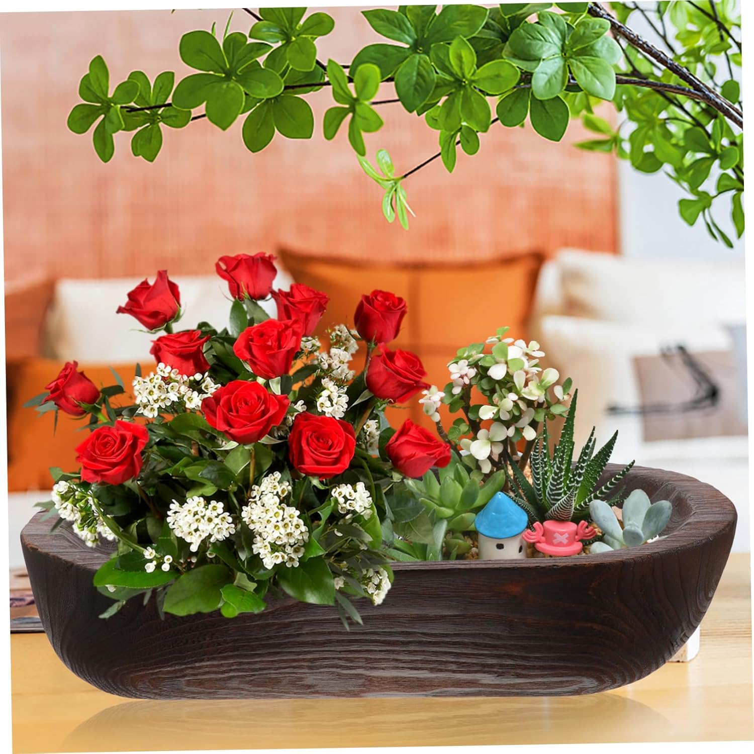 PRETYZOOM Rustic Wooden Decorative Bowl Home Ornament Centerpiece for Farmhouse Table Decor