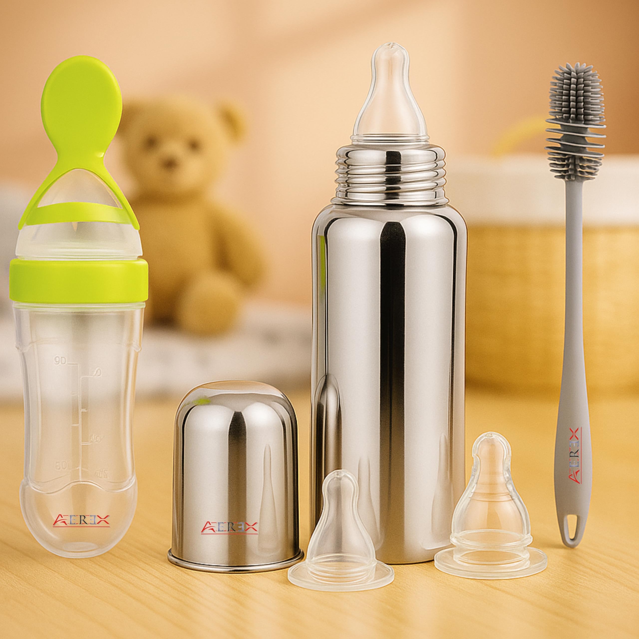 Stainless Steel Baby Feeding Bottle Combo with 2 Extra Nipple, Spoon Feeding Bottle, and Cleaning Brush for Newborns Babies, Infants, and Toddlers (Green)