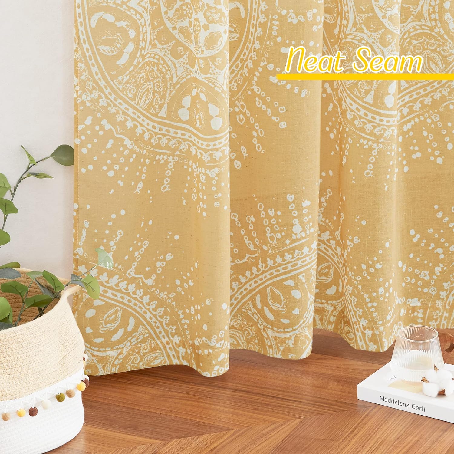 NICETOWN Boho Linen Curtains 95 inches Long, Rod Pocket Privacy Semi Sheer Eclectic Bohemian Drapes Chic Medallion Pattern with Light Filter for Bedroom/Living Room, W52 x L95, Yellow, 2 PCs